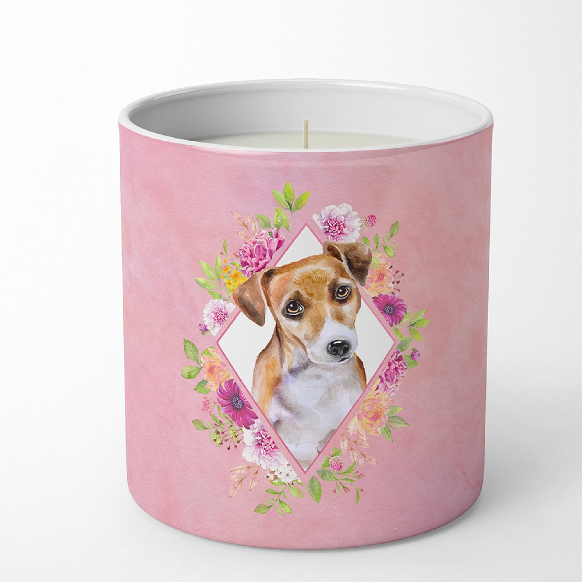 Jack Russell Terrier #1 Pink Flowers 10 Oz Decorative Soy Candle