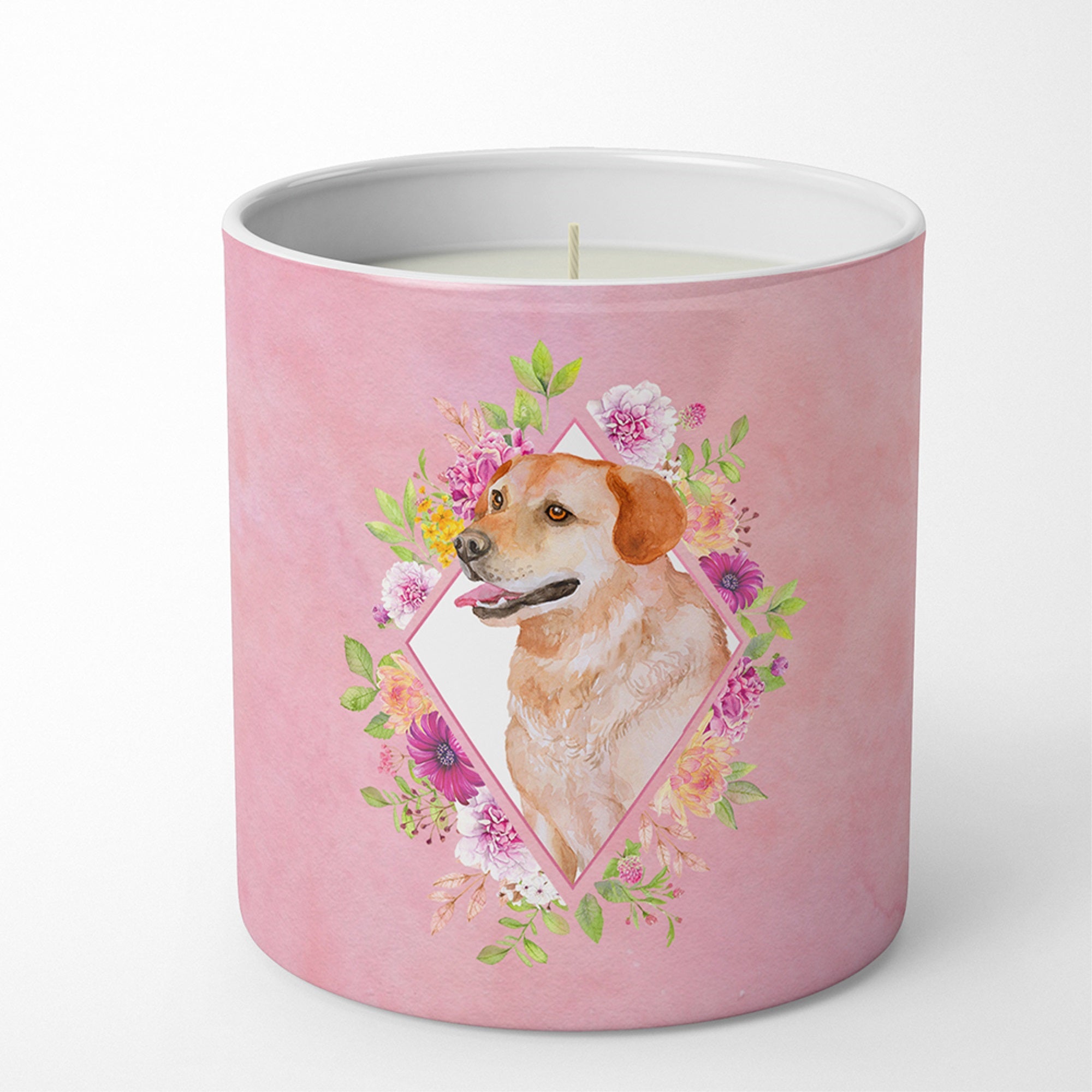Yellow Labrador Retriever Pink Flowers 10 Oz Decorative Soy Candle