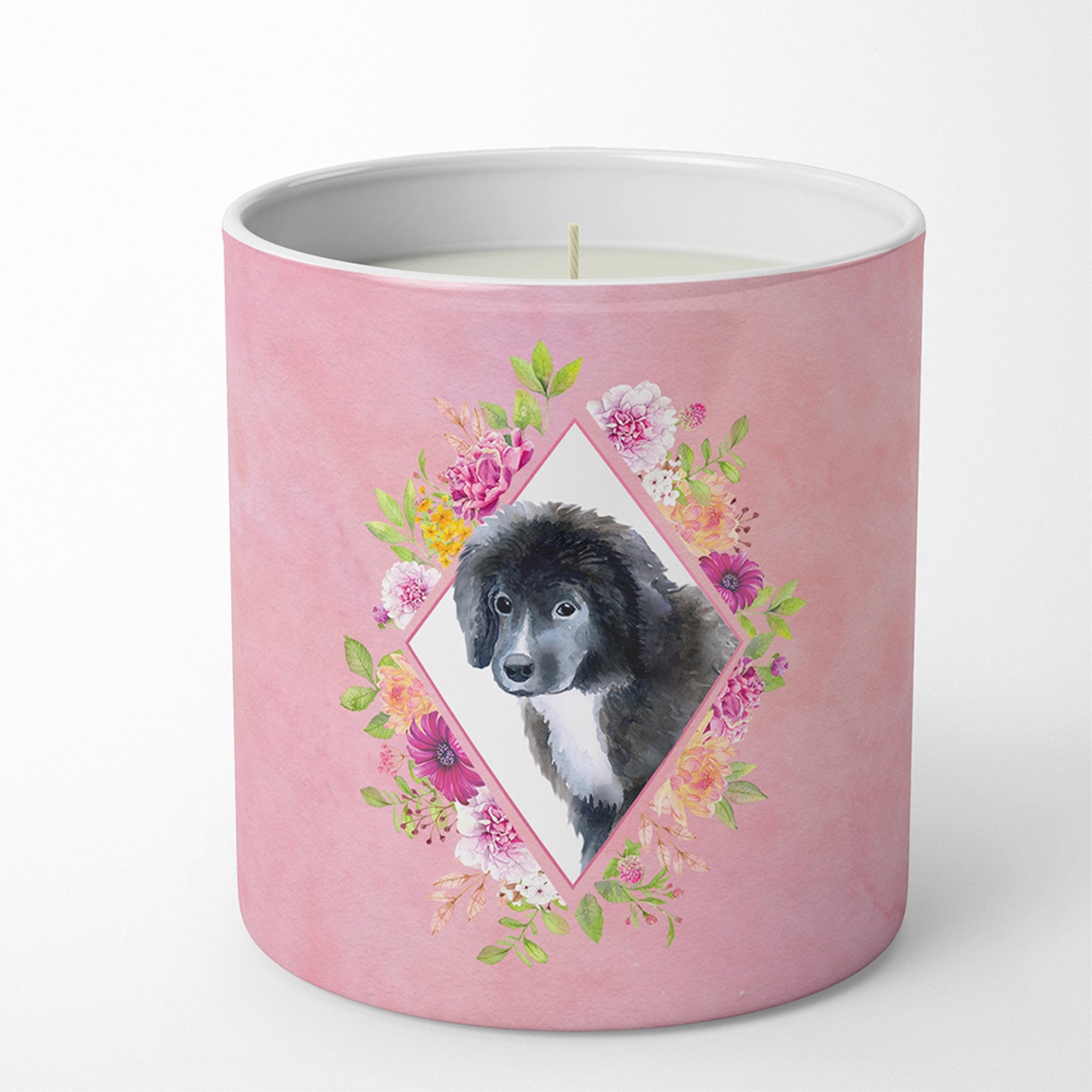 Newfoundland Puppy Pink Flowers 10 Oz Decorative Soy Candle