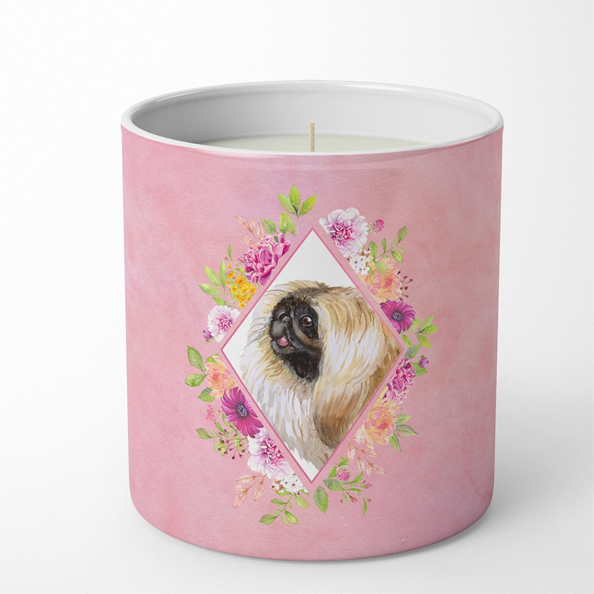 Pekingese Pink Flowers 10 Oz Decorative Soy Candle