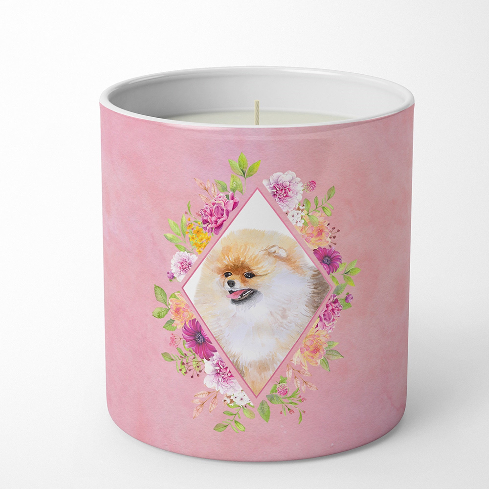 Pomeranian #2 Pink Flowers 10 Oz Decorative Soy Candle