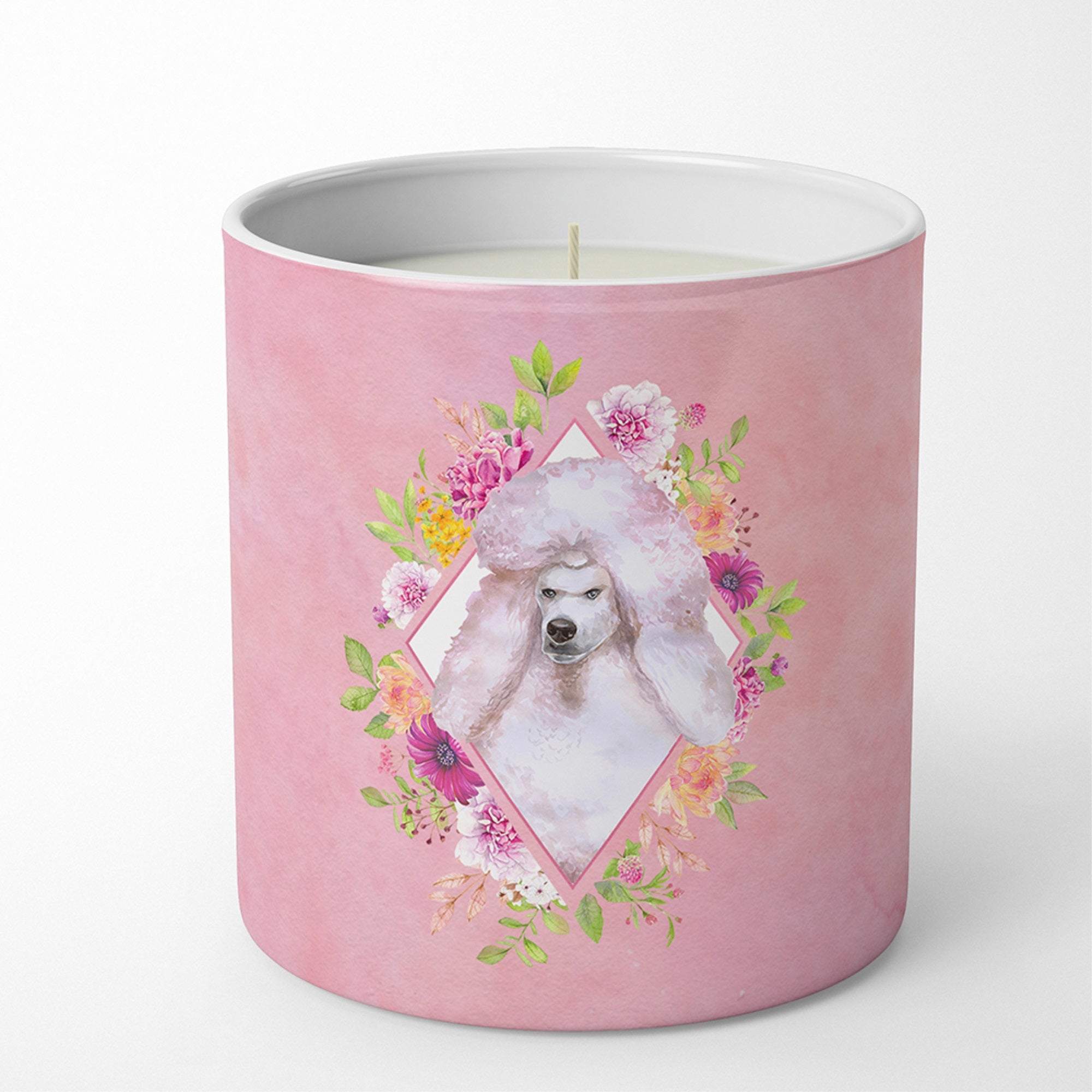 Standard White Poodle Pink Flowers 10 Oz Decorative Soy Candle
