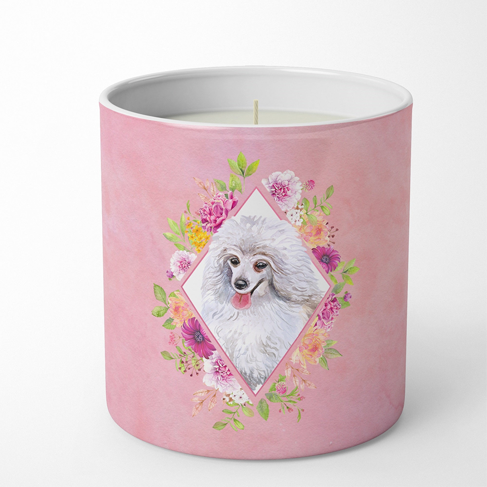 White Mini Poodle Pink Flowers 10 Oz Decorative Soy Candle