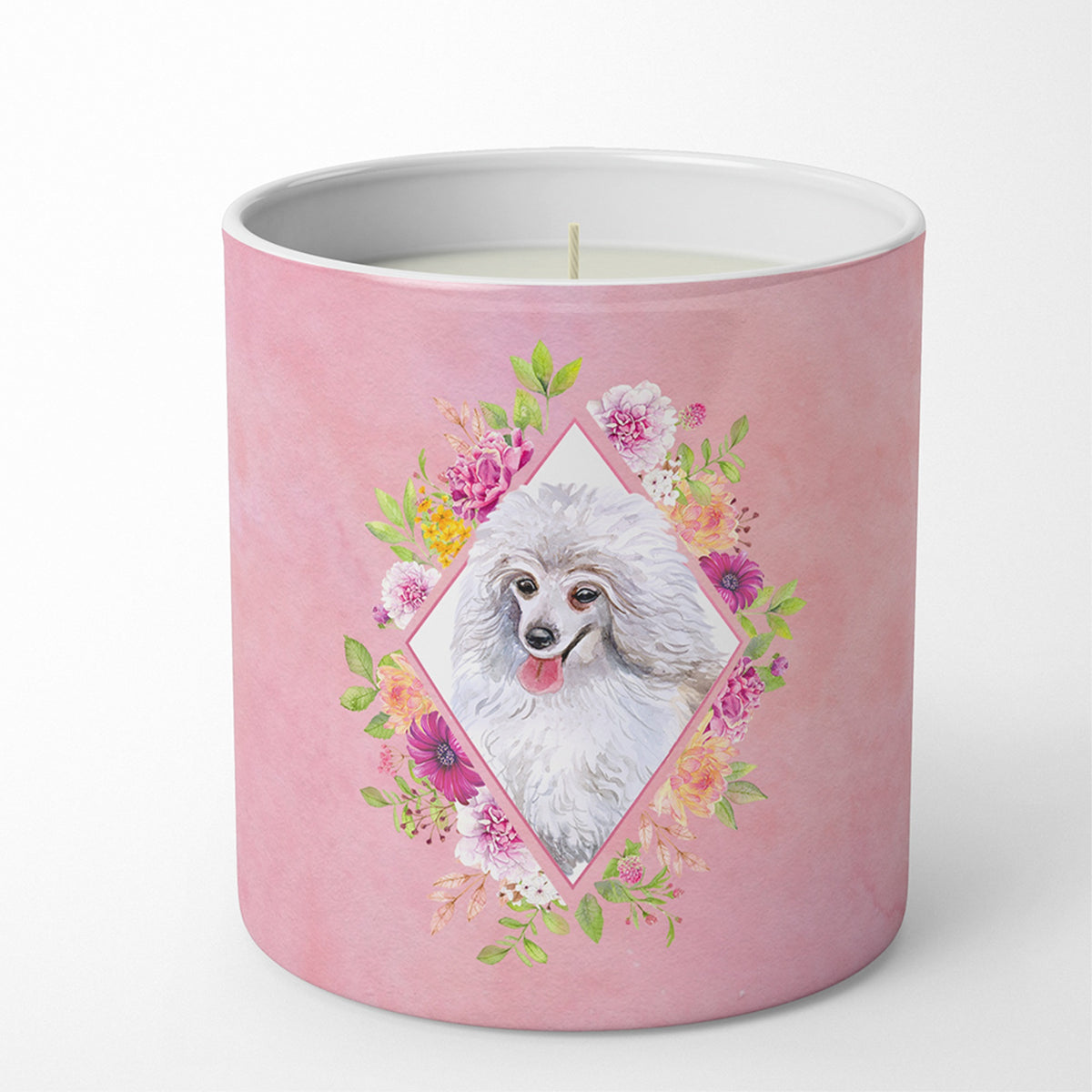 White Mini Poodle Pink Flowers 10 Oz Decorative Soy Candle