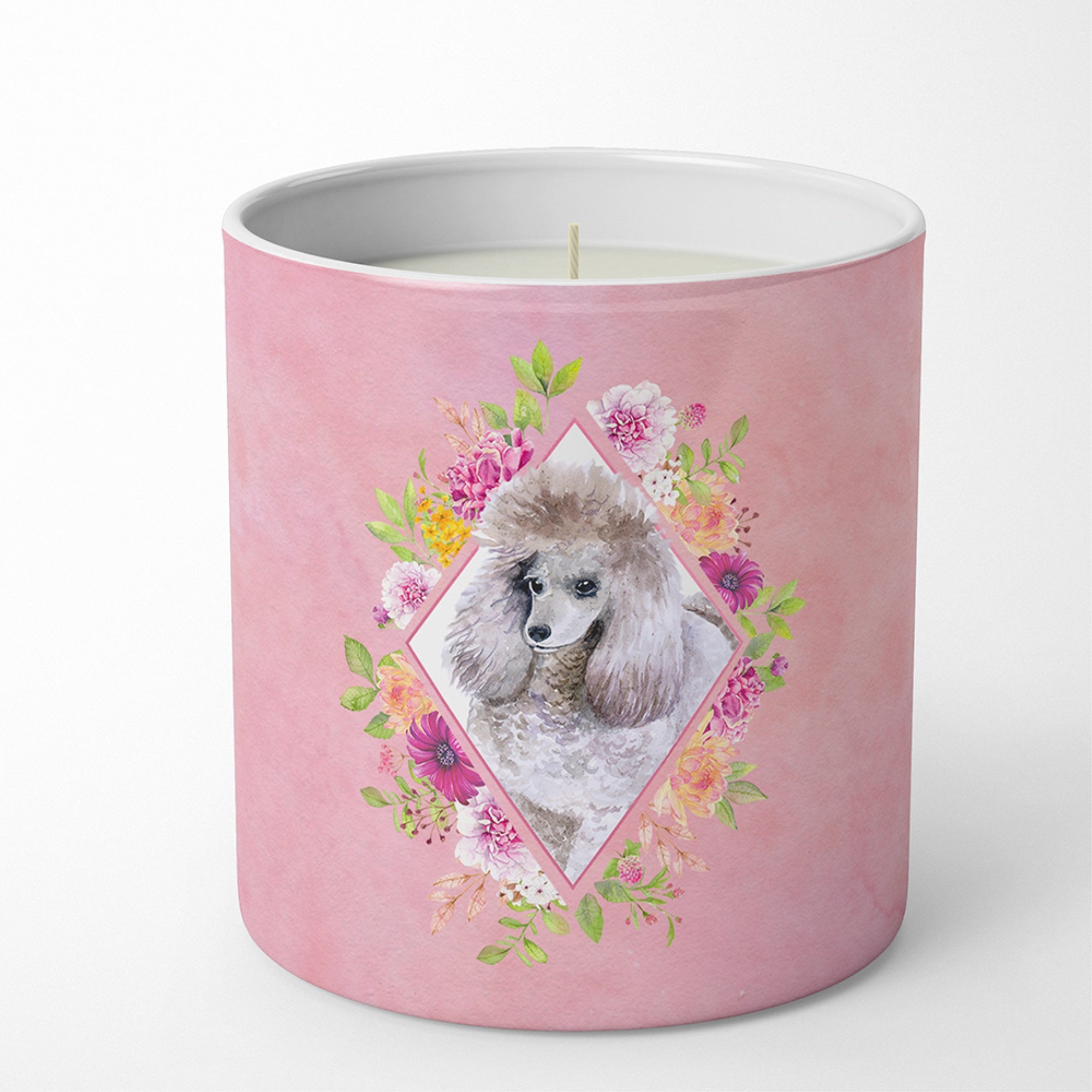 Standard Grey Poodle Pink Flowers 10 Oz Decorative Soy Candle