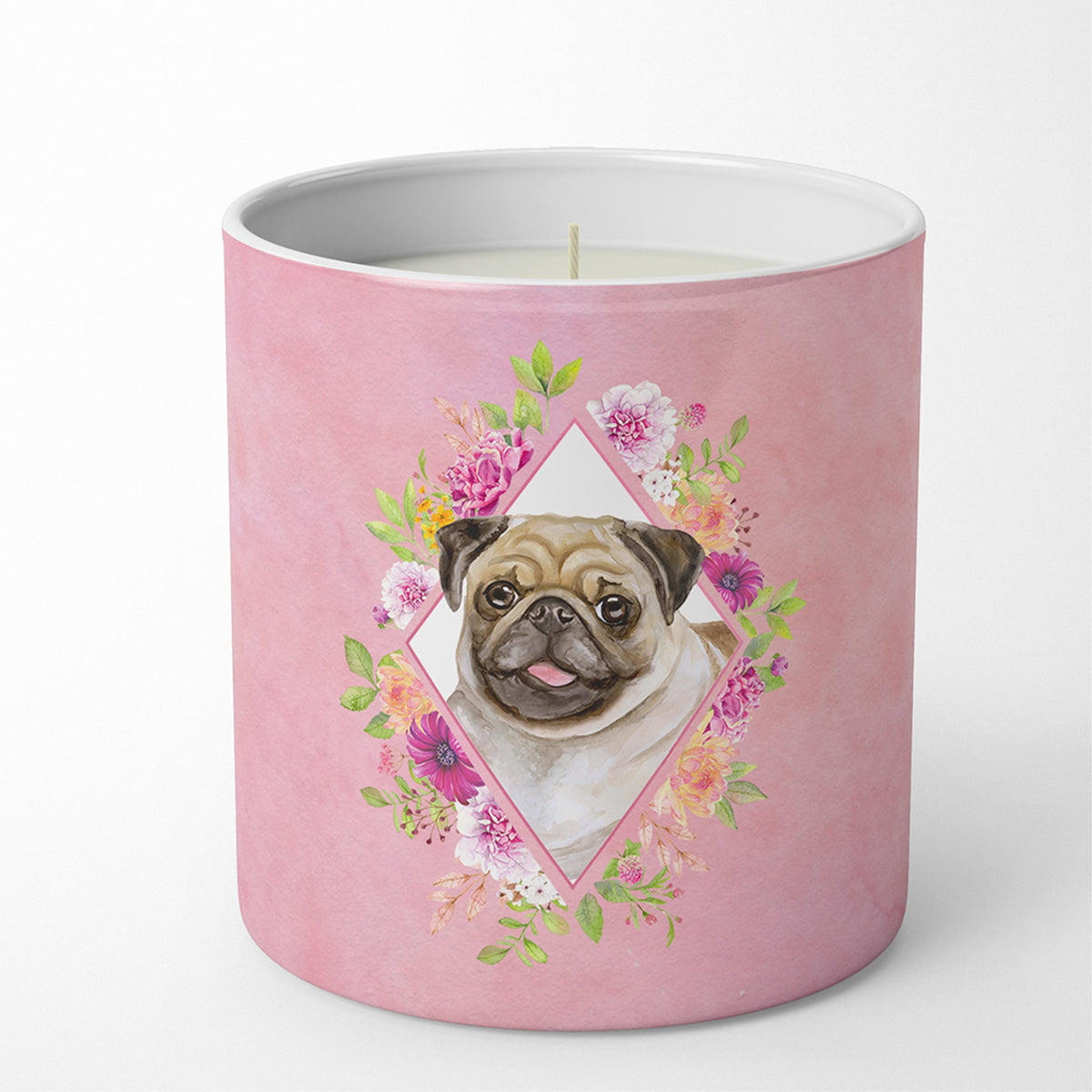 Fawn Pug Pink Flowers 10 Oz Decorative Soy Candle