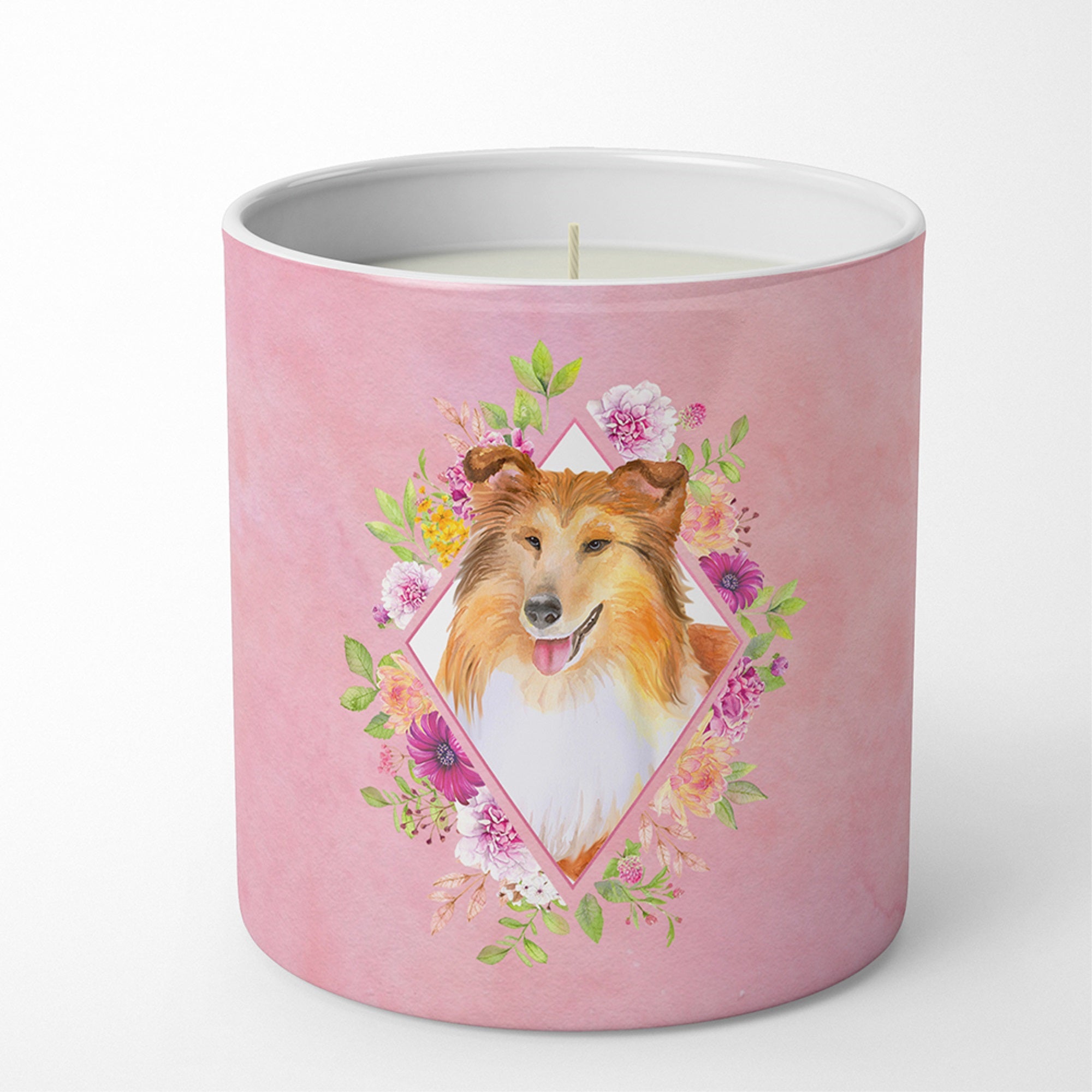 Sheltie Shetland Sheepdog Pink Flowers 10 Oz Decorative Soy Candle