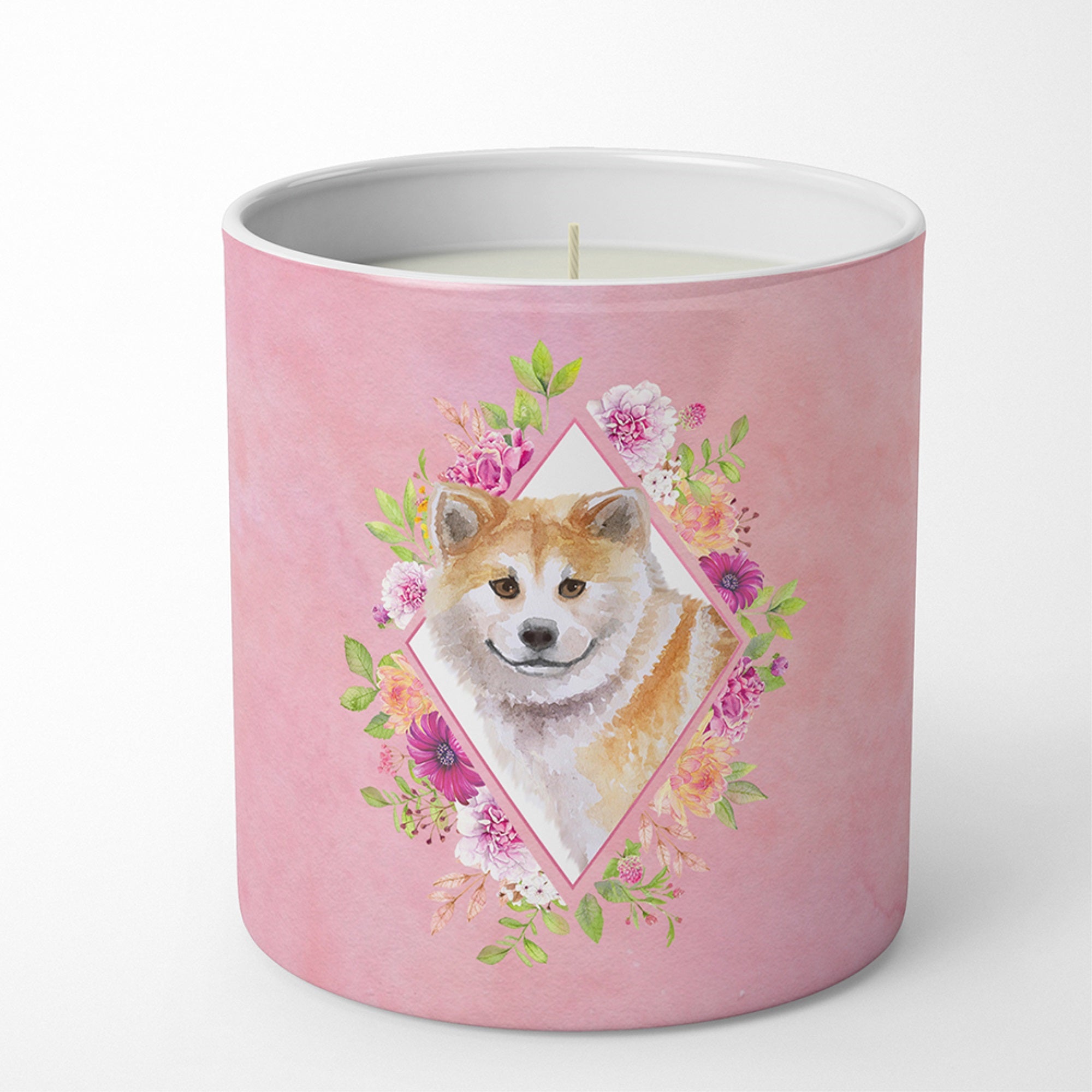 Shiba Inu Pink Flowers 10 Oz Decorative Soy Candle