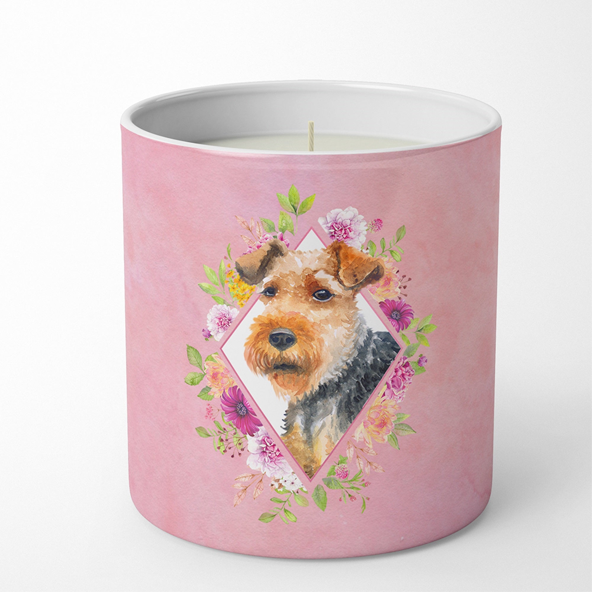 Welsh Terrier Pink Flowers 10 Oz Decorative Soy Candle