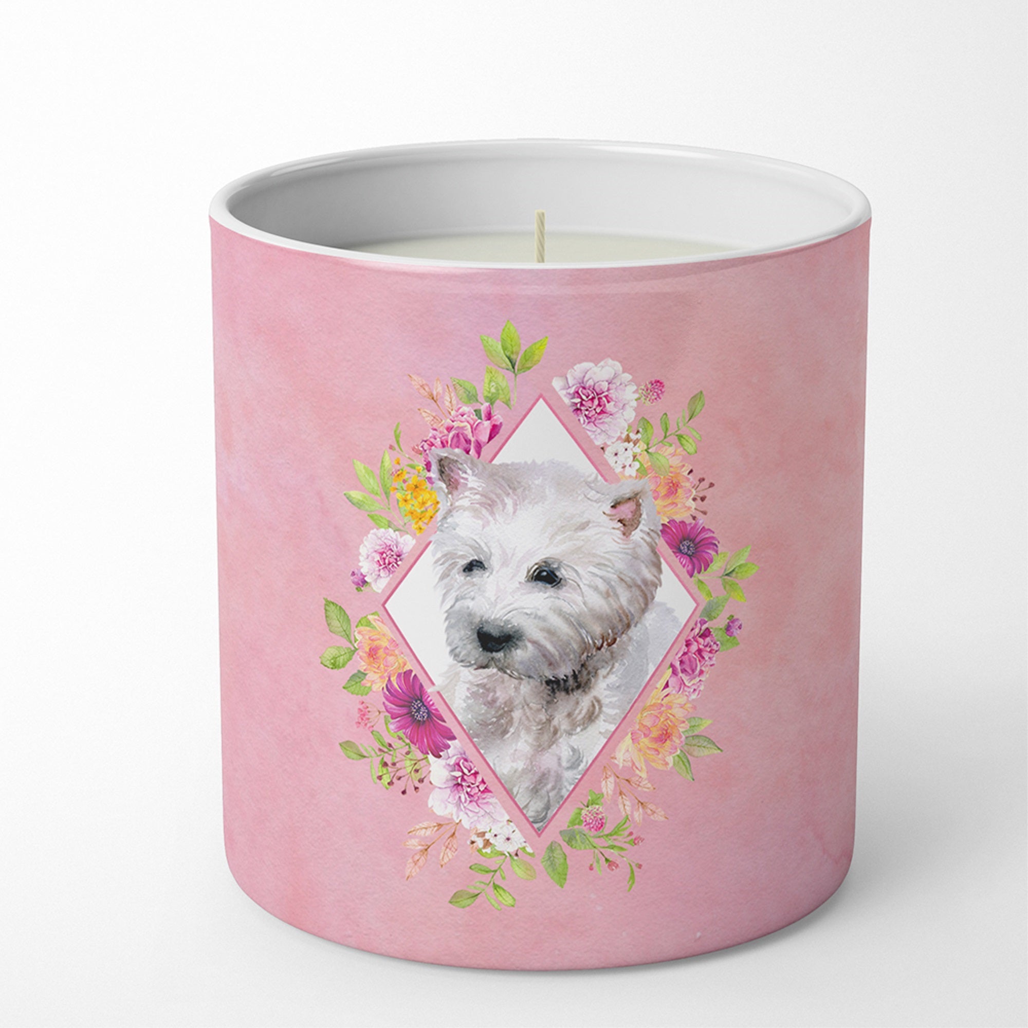 West Highland White Terrier Pink Flowers 10 Oz Decorative Soy Candle