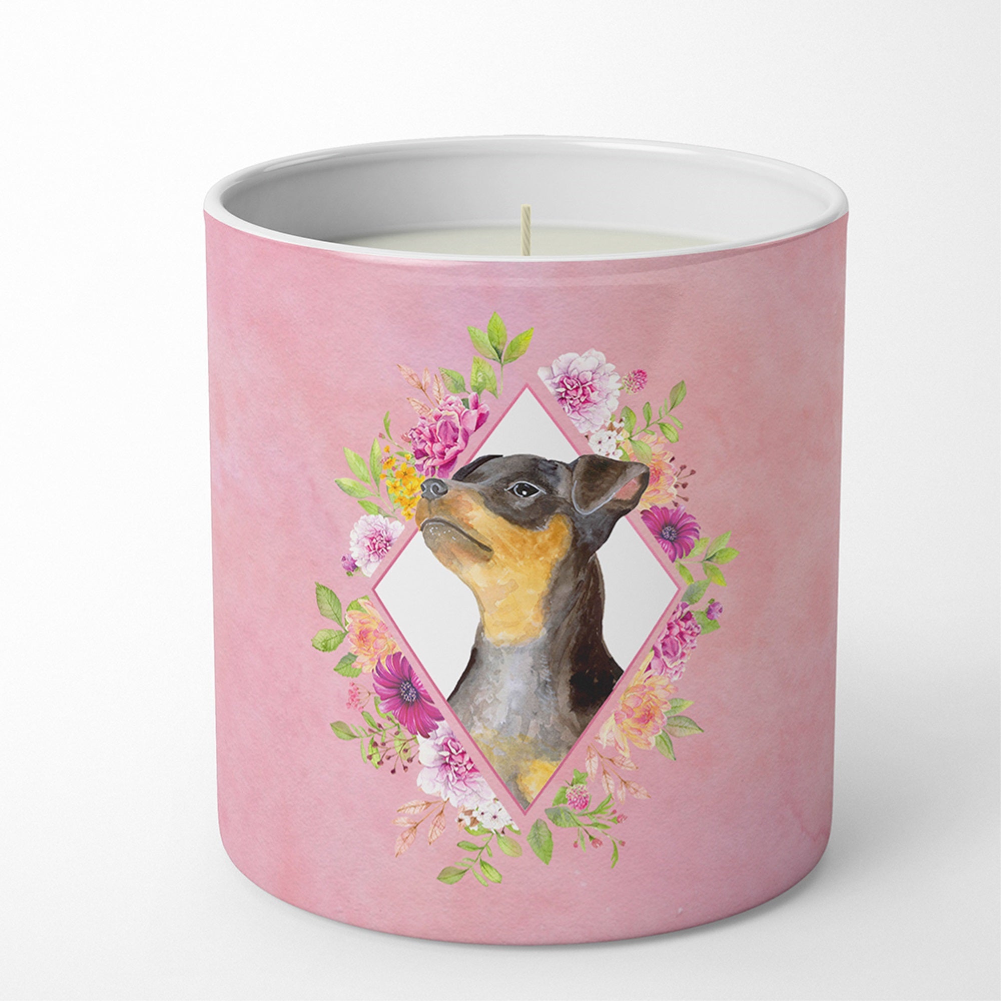 Black Miniature Pinscher Pink Flowers 10 Oz Decorative Soy Candle