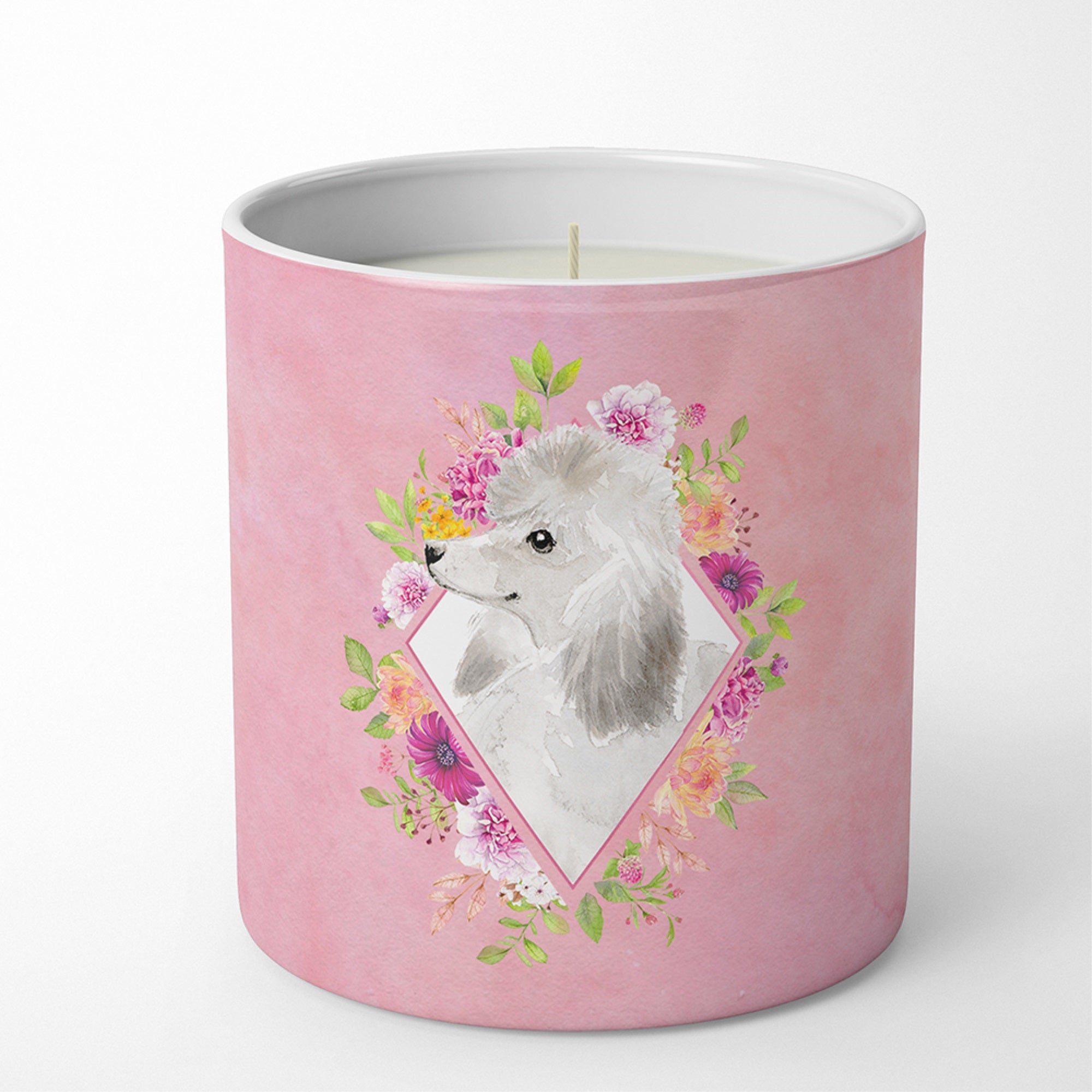 White Standard Poodle Pink Flowers 10 Oz Decorative Soy Candle