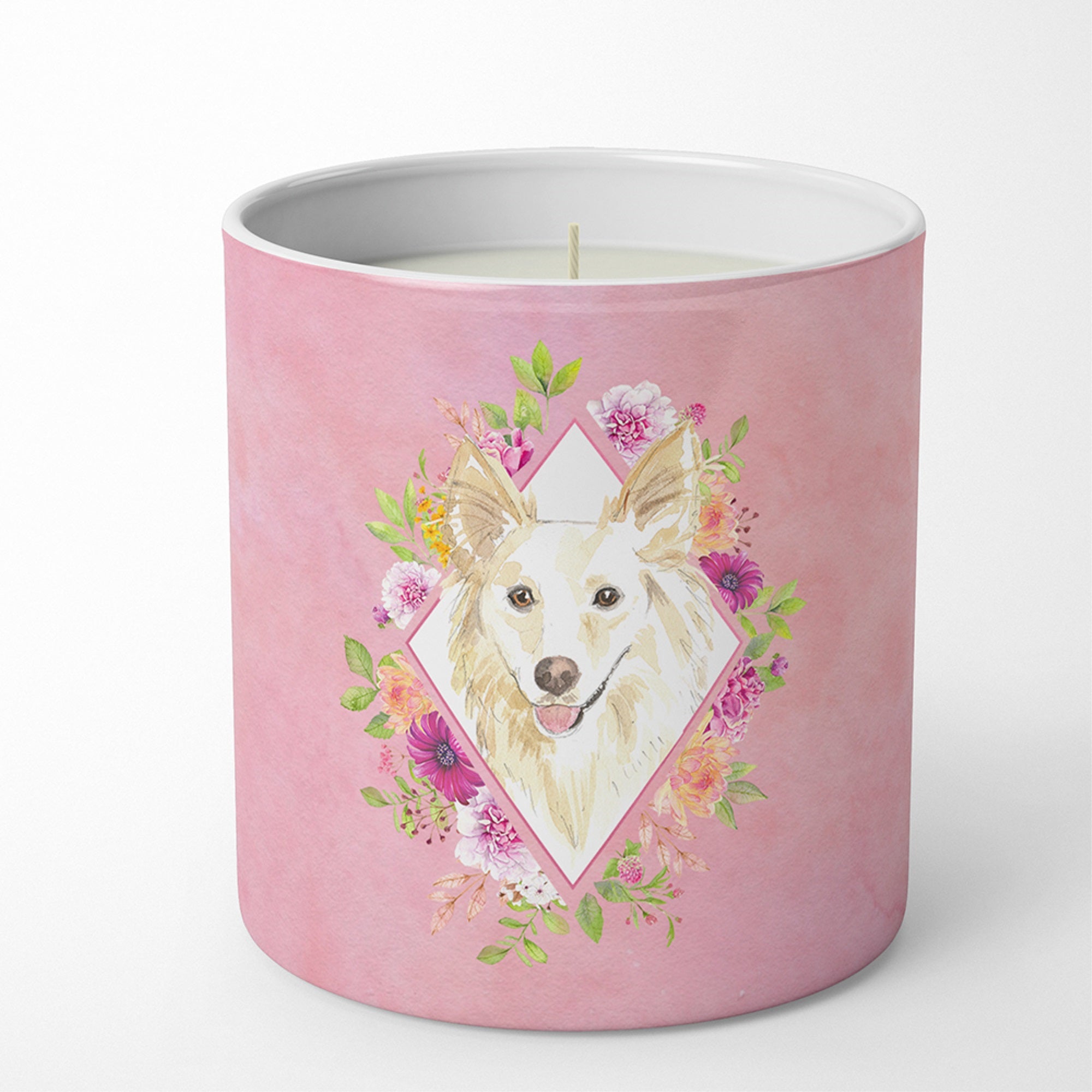 White Collie Pink Flowers 10 Oz Decorative Soy Candle