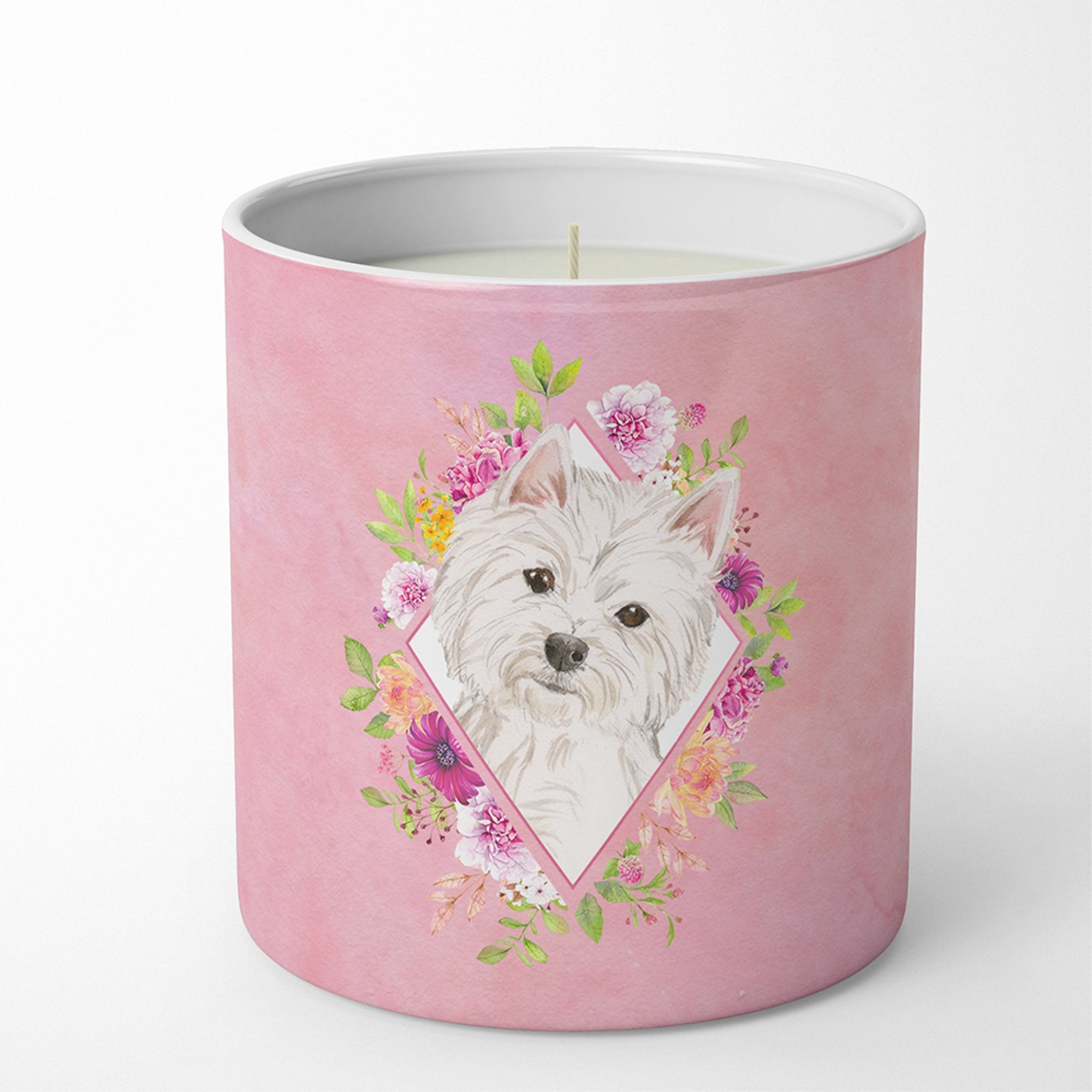 Westie  Pink Flowers 10 Oz Decorative Soy Candle