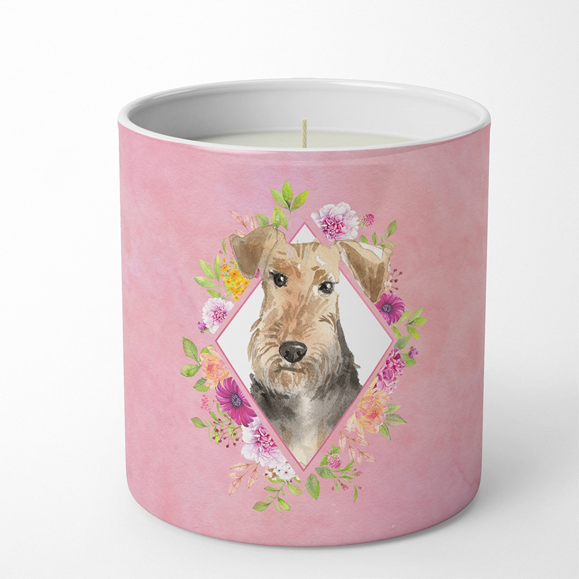Airedale Terrier Pink Flowers 10 Oz Decorative Soy Candle