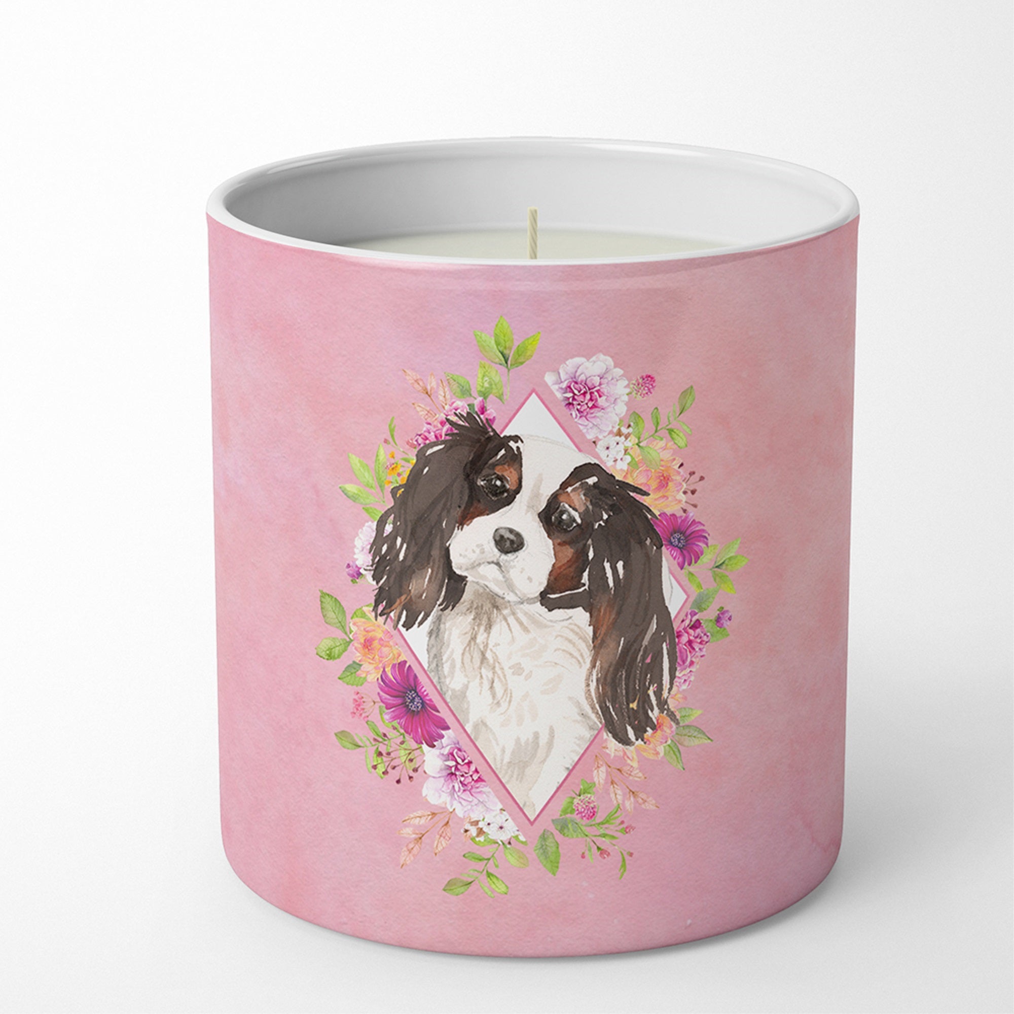 Tricolor Cavalier Spaniel Pink Flowers 10 Oz Decorative Soy Candle