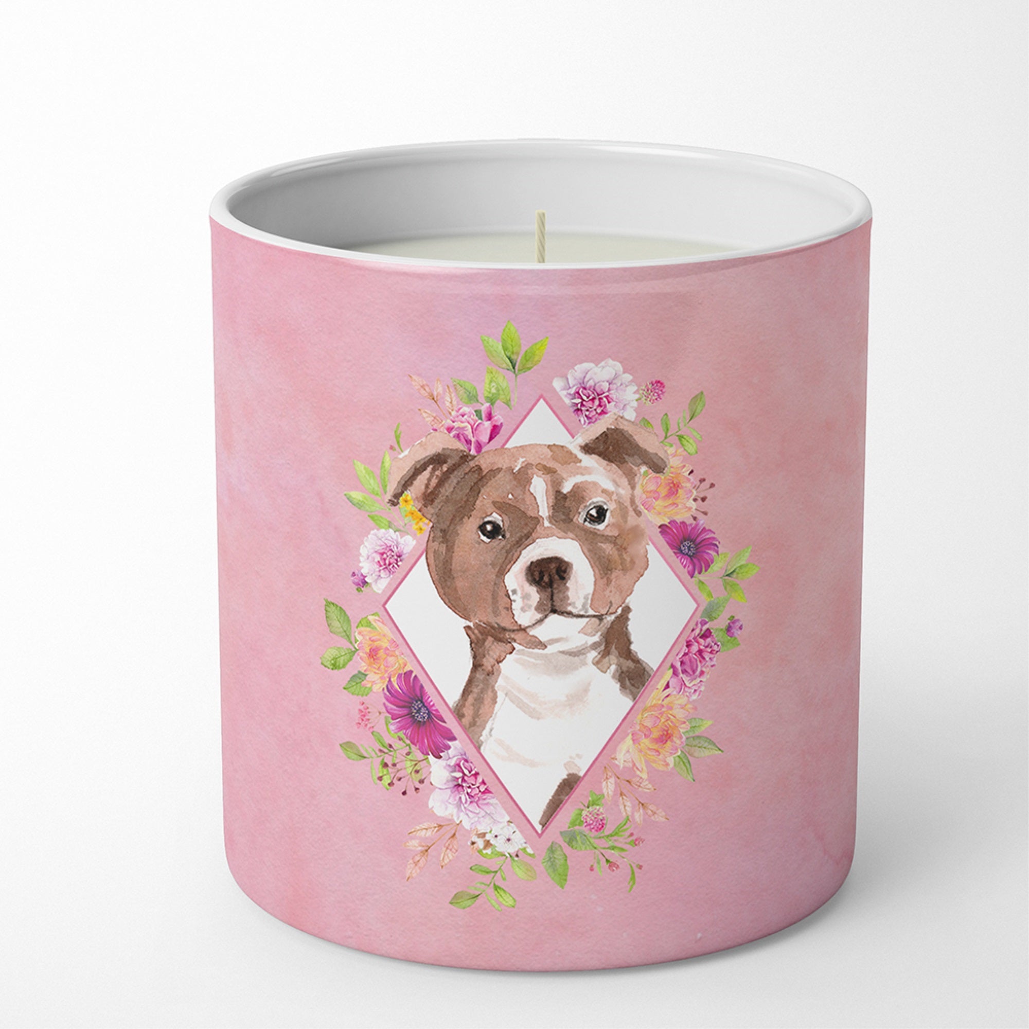 Staffie Bull Terrier Pink Flowers 10 Oz Decorative Soy Candle