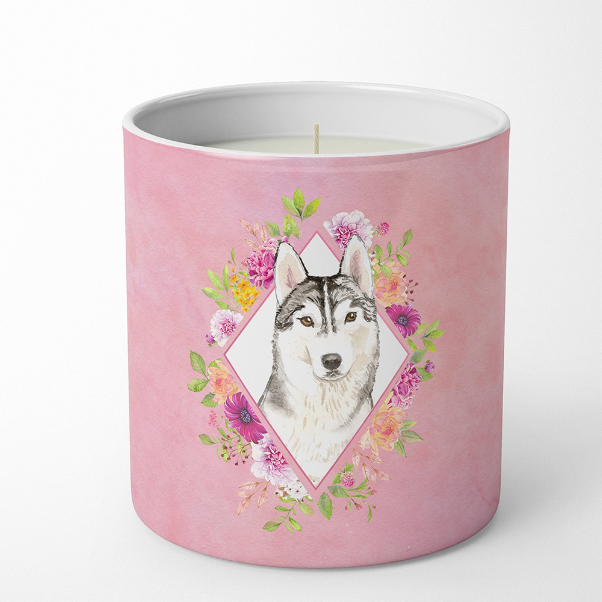 Siberian Husky Pink Flowers 10 Oz Decorative Soy Candle