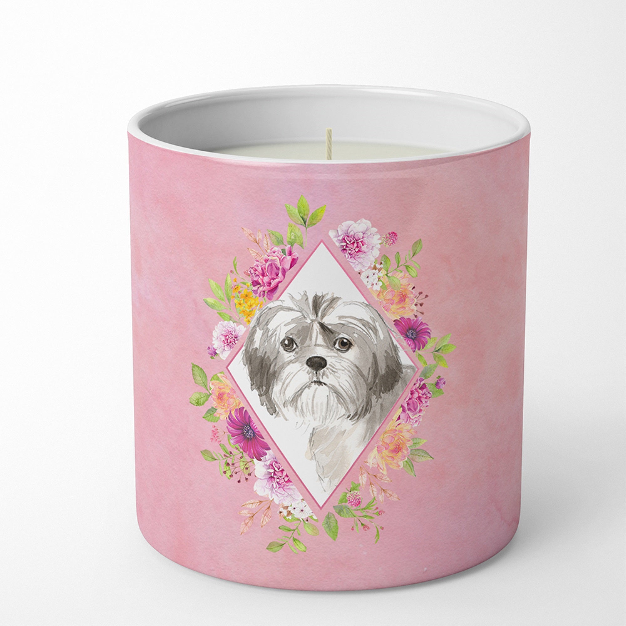 Shih Tzu Puppy Pink Flowers 10 Oz Decorative Soy Candle