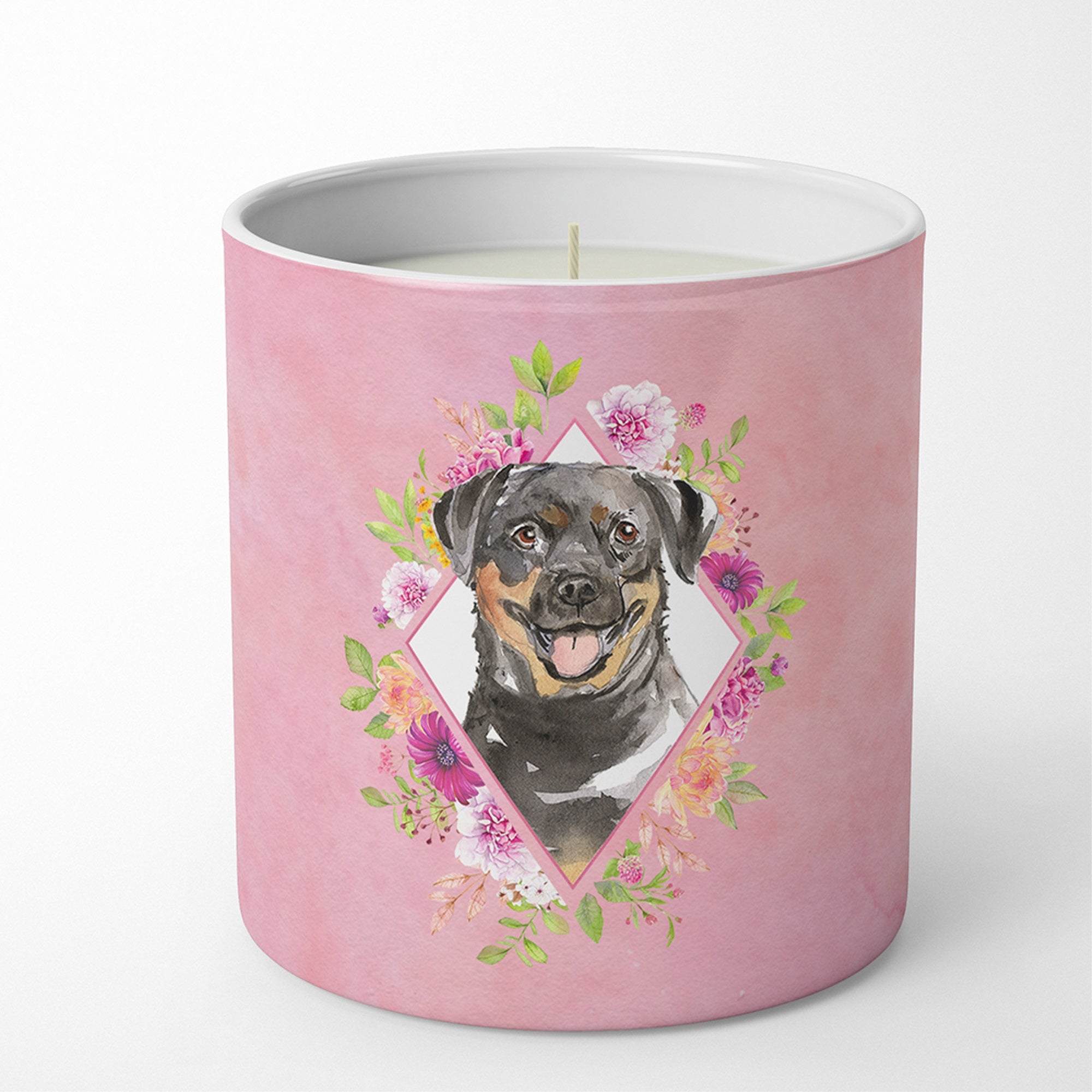 Rottweiler Pink Flowers 10 Oz Decorative Soy Candle
