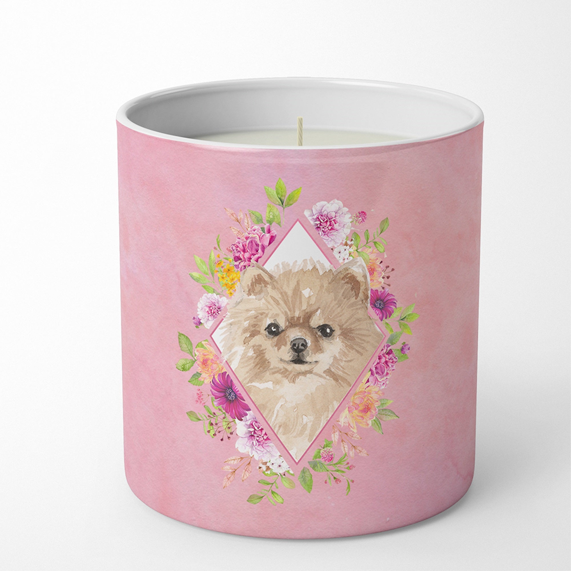 Pomeranian Pink Flowers 10 Oz Decorative Soy Candle