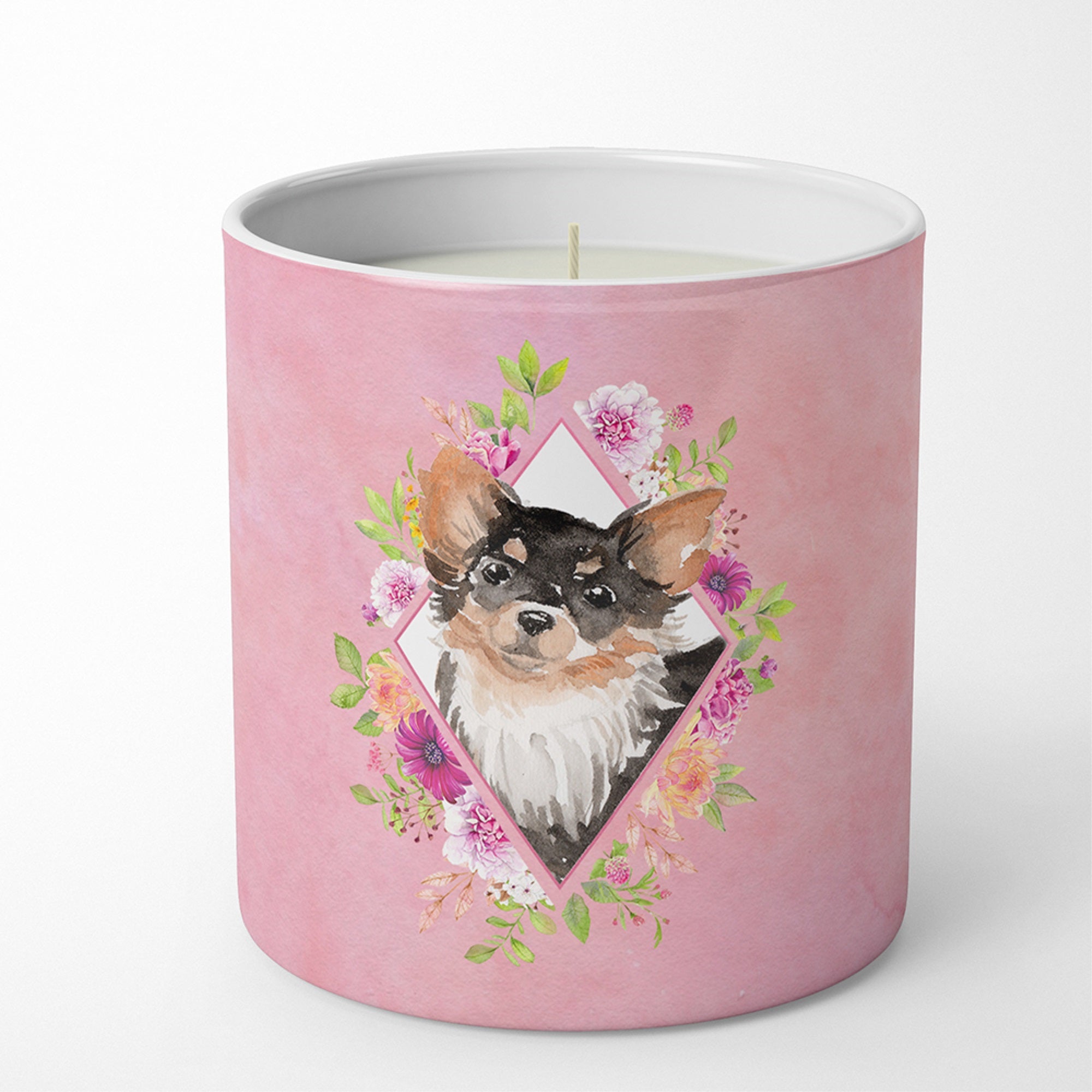 Longhaired Chihuahua Pink Flowers 10 Oz Decorative Soy Candle