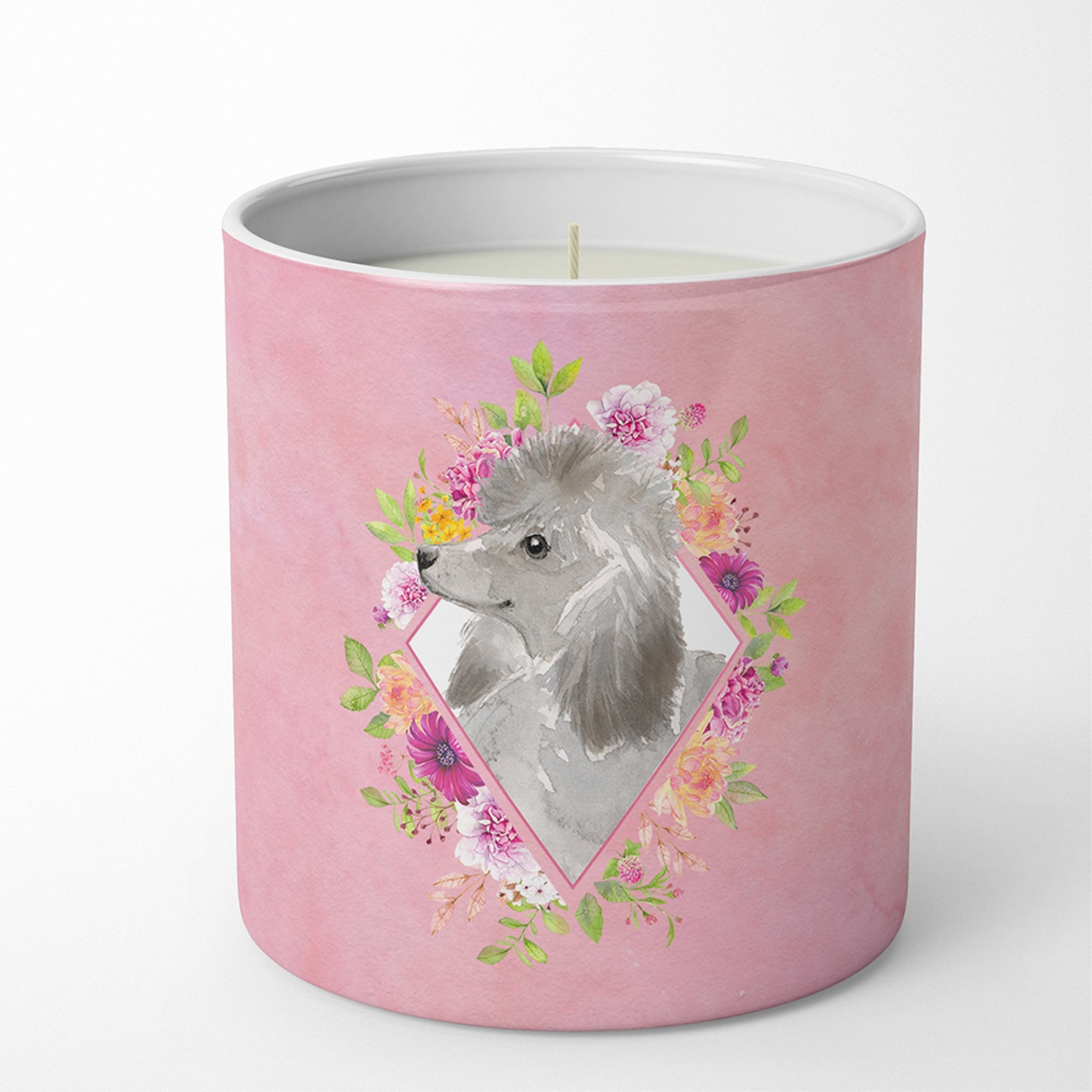 Grey Standard Poodle Pink Flowers 10 Oz Decorative Soy Candle