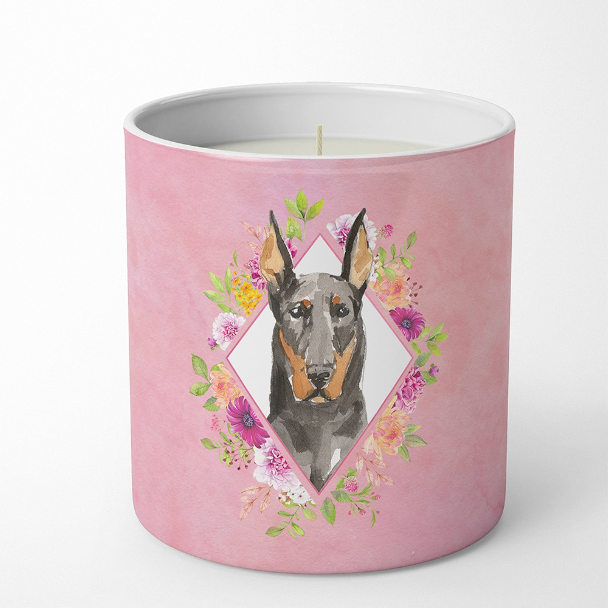 Doberman Pinsher Pink Flowers 10 Oz Decorative Soy Candle