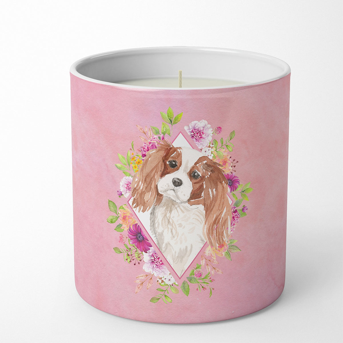 Blenheim Cavalier Spaniel Pink Flowers 10 Oz Decorative Soy Candle
