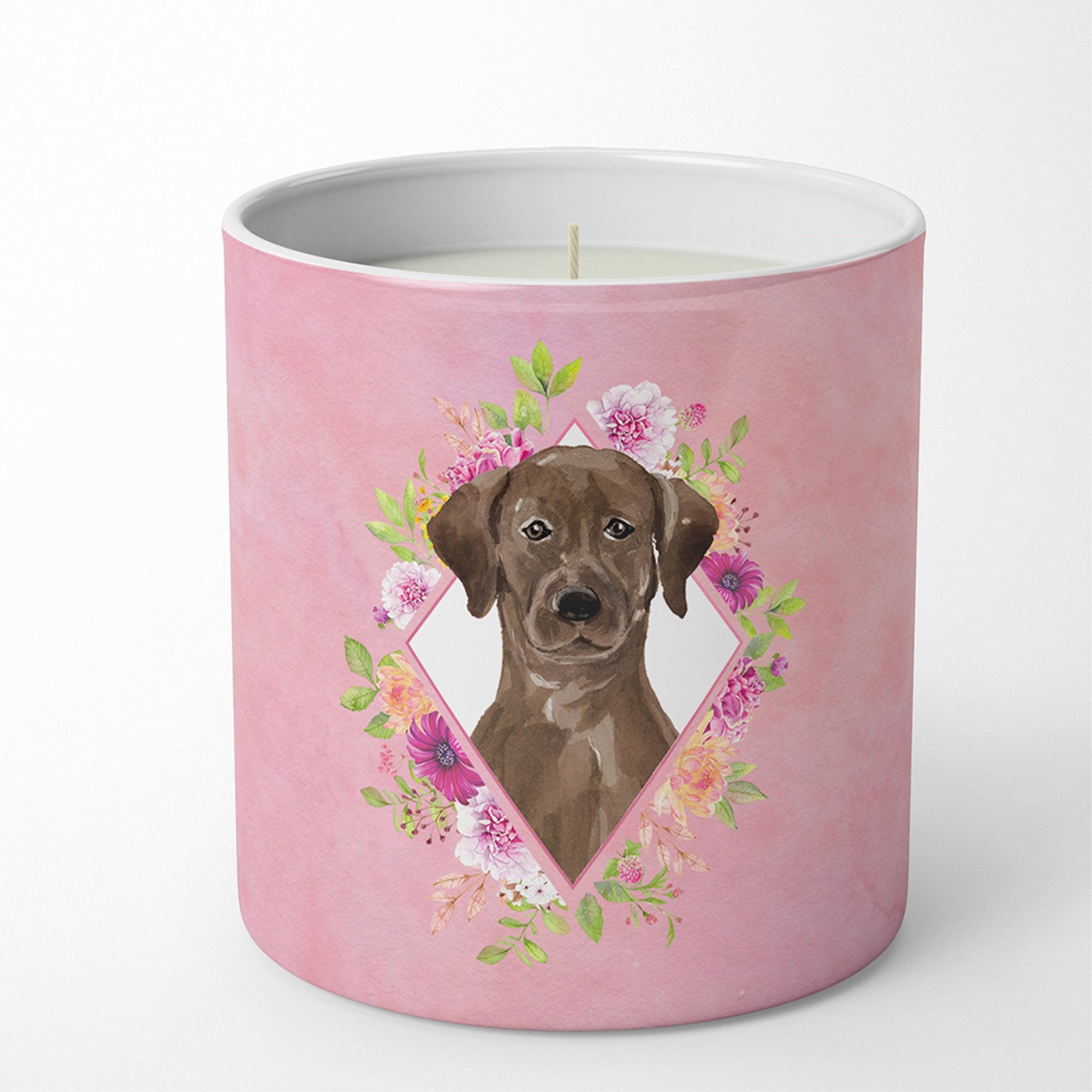 Chocolate Labrador Pink Flowers 10 Oz Decorative Soy Candle