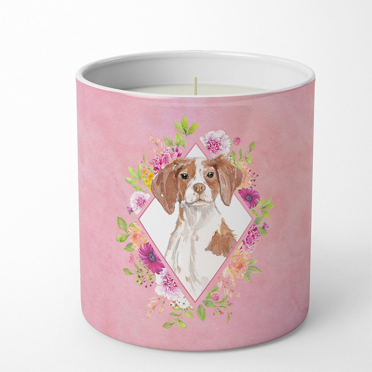 Brittany Spaniel Pink Flowers 10 Oz Decorative Soy Candle