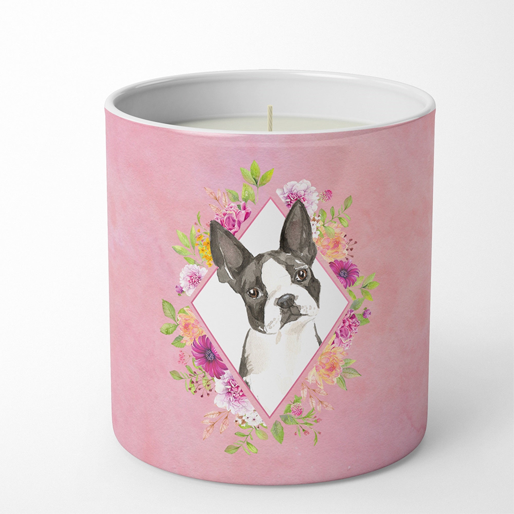 Boston Terrier Pink Flowers 10 Oz Decorative Soy Candle