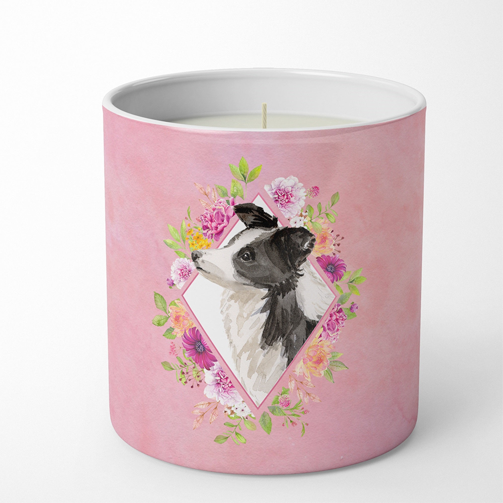 Border Collie Pink Flowers 10 Oz Decorative Soy Candle