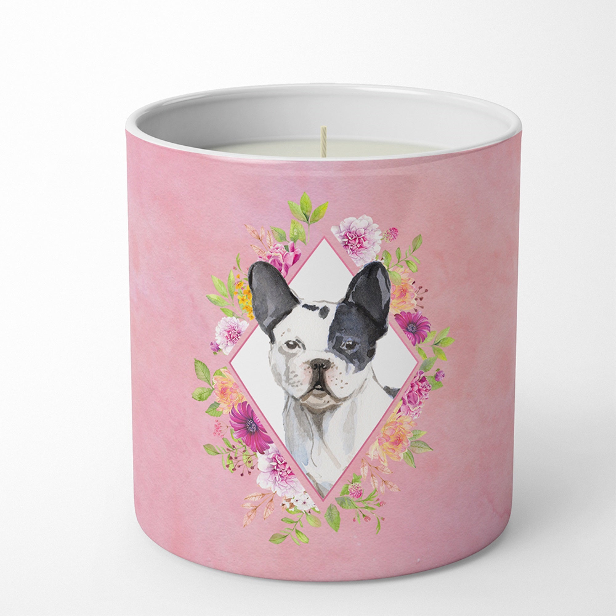 Black And White Frenchie Pink Flowers 10 Oz Decorative Soy Candle
