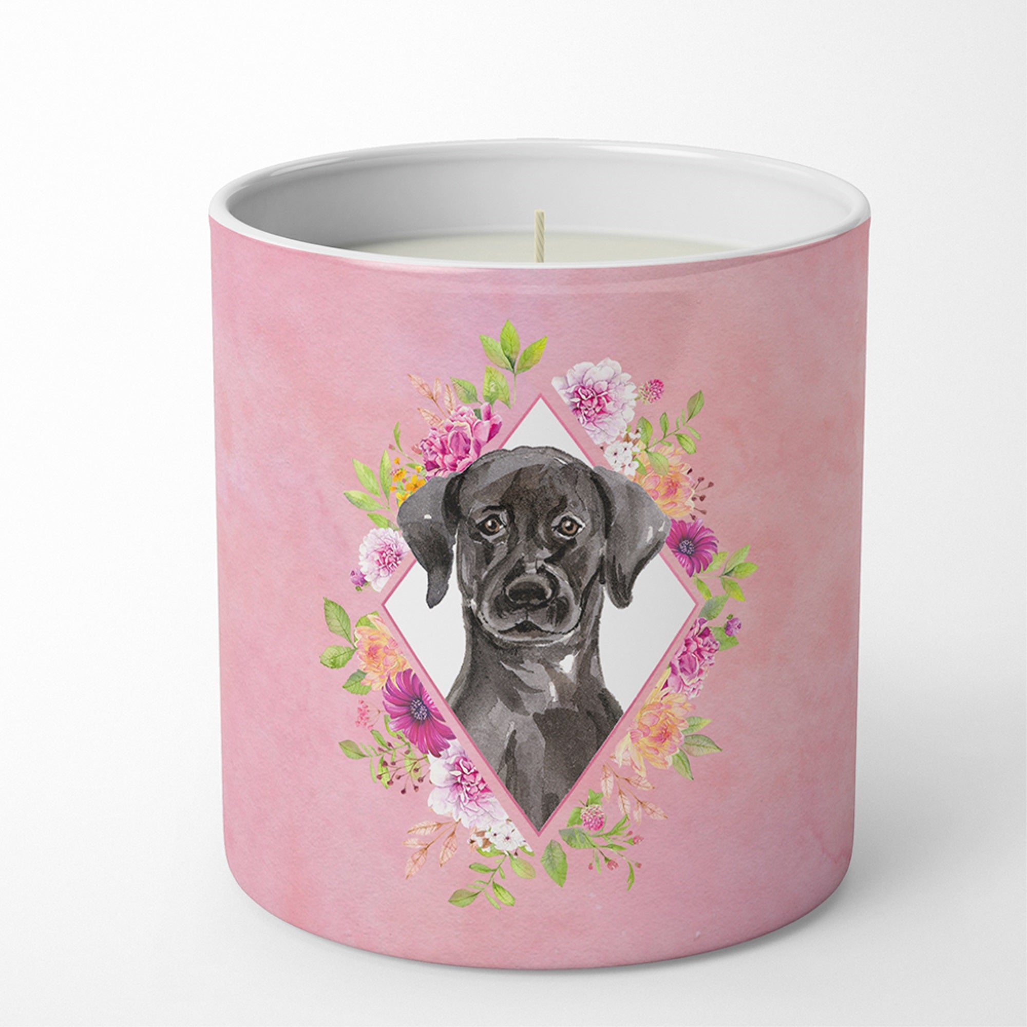 Black Labrador Pink Flowers 10 Oz Decorative Soy Candle