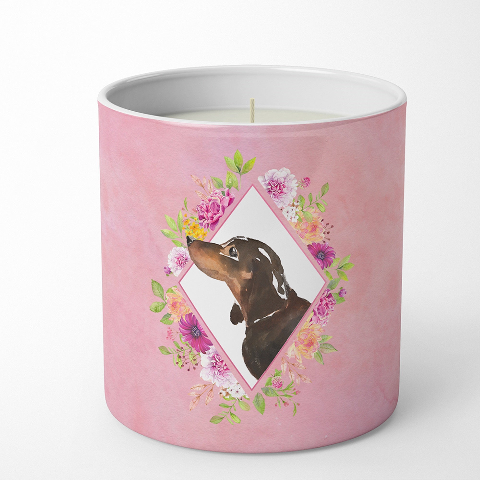 Black And Tan Dachshund Pink Flowers 10 Oz Decorative Soy Candle