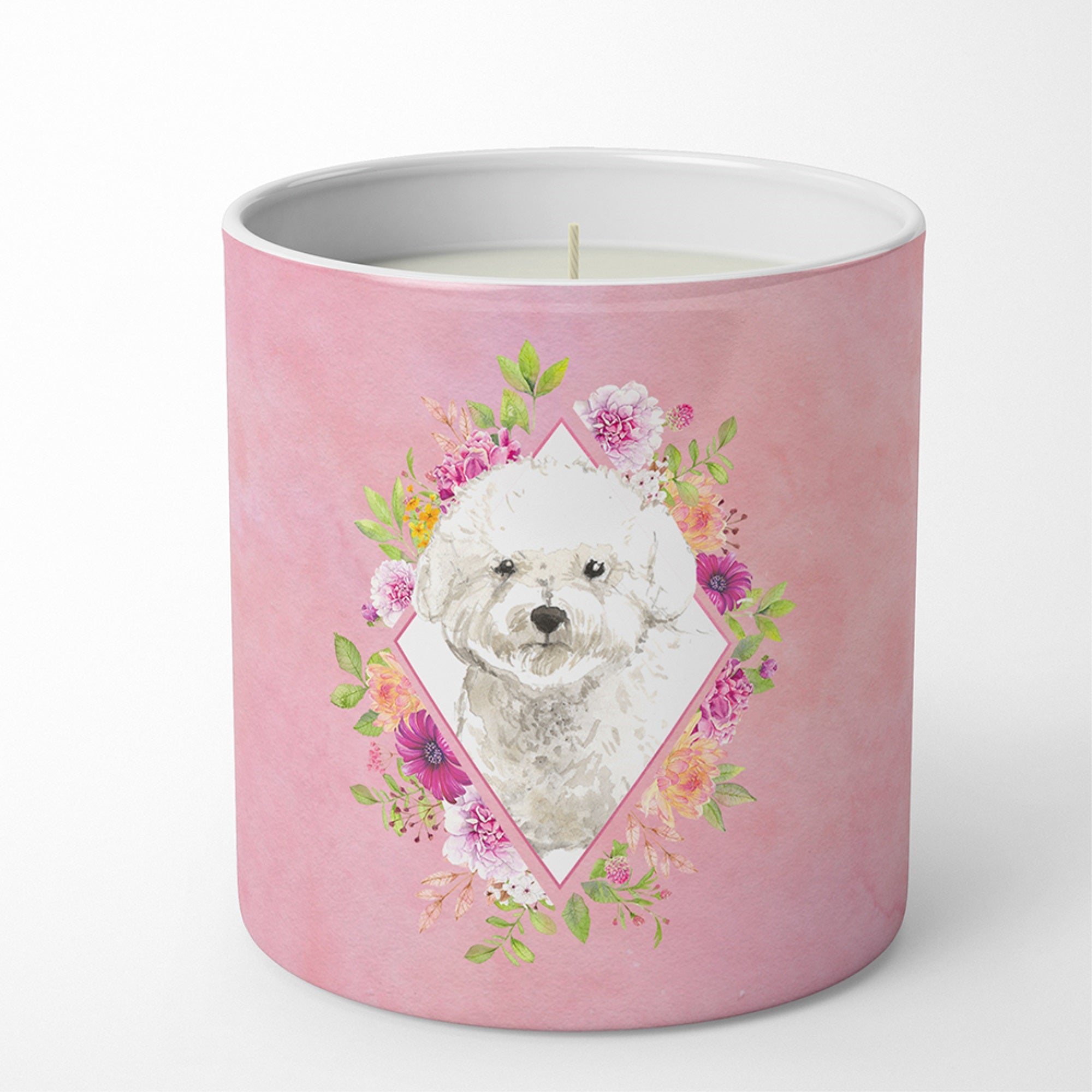 Bichon Frise Pink Flowers 10 Oz Decorative Soy Candle