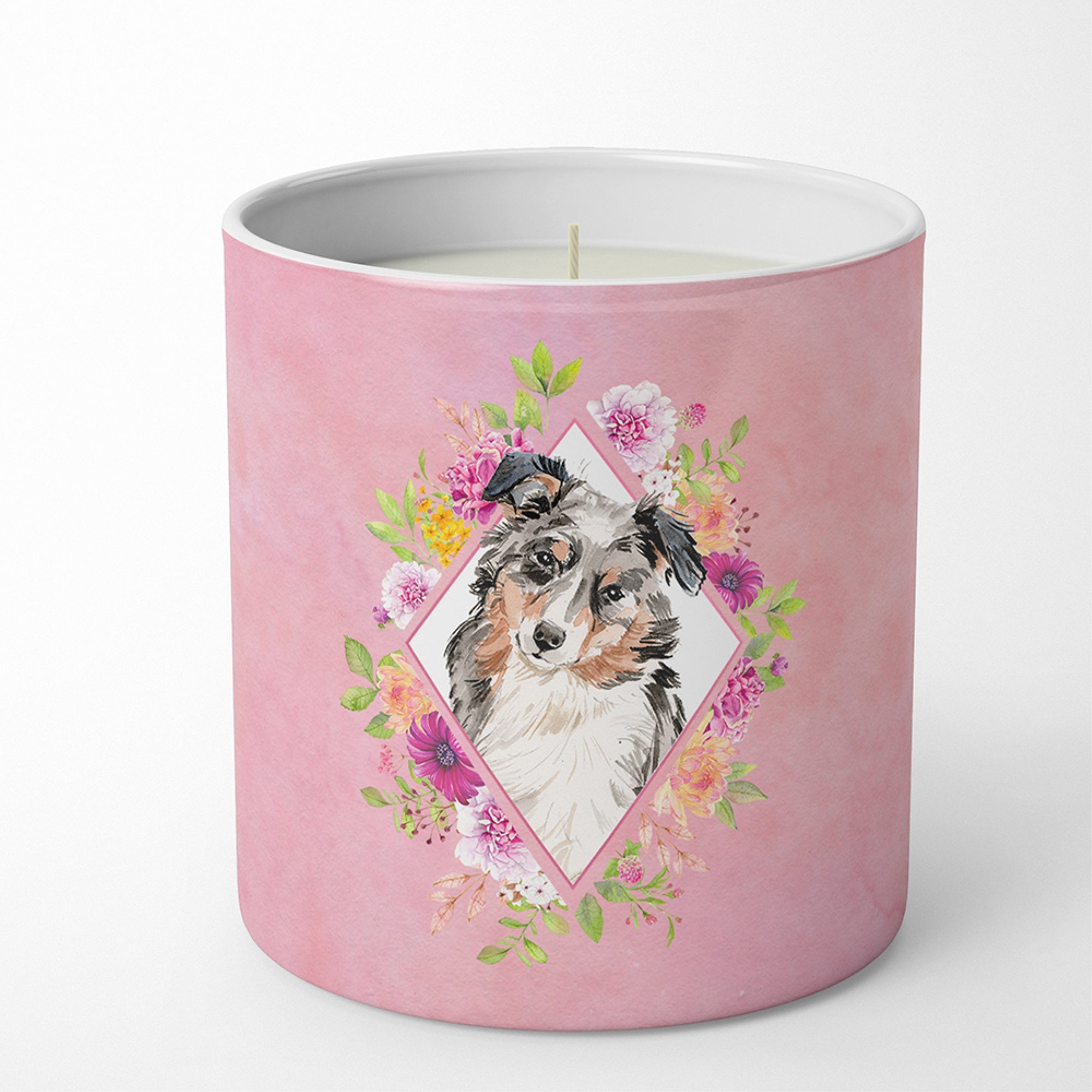 Australian Shepherd Pink Flowers 10 Oz Decorative Soy Candle