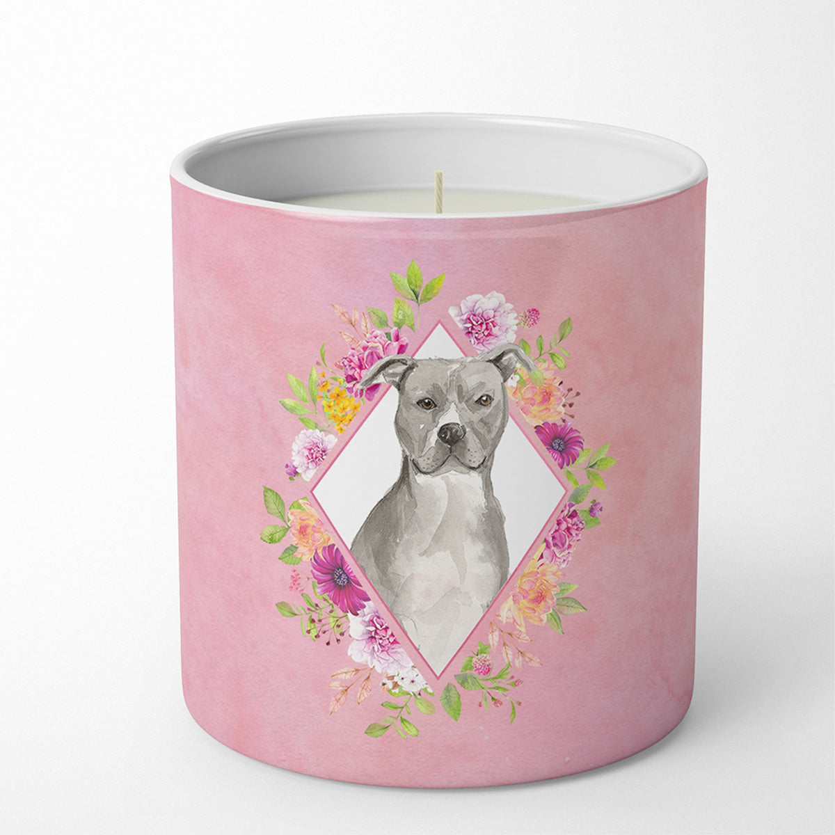 Blue Pit Bull Terrier Pink Flowers 10 Oz Decorative Soy Candle