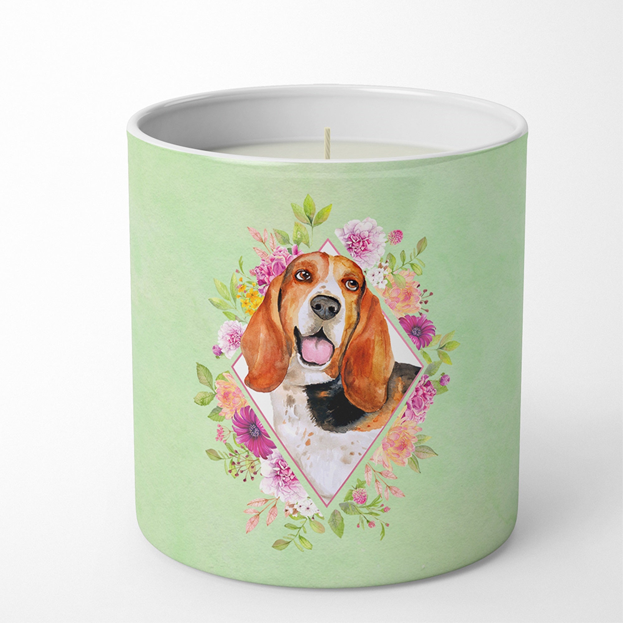 Basset Hound Green Flowers 10 Oz Decorative Soy Candle