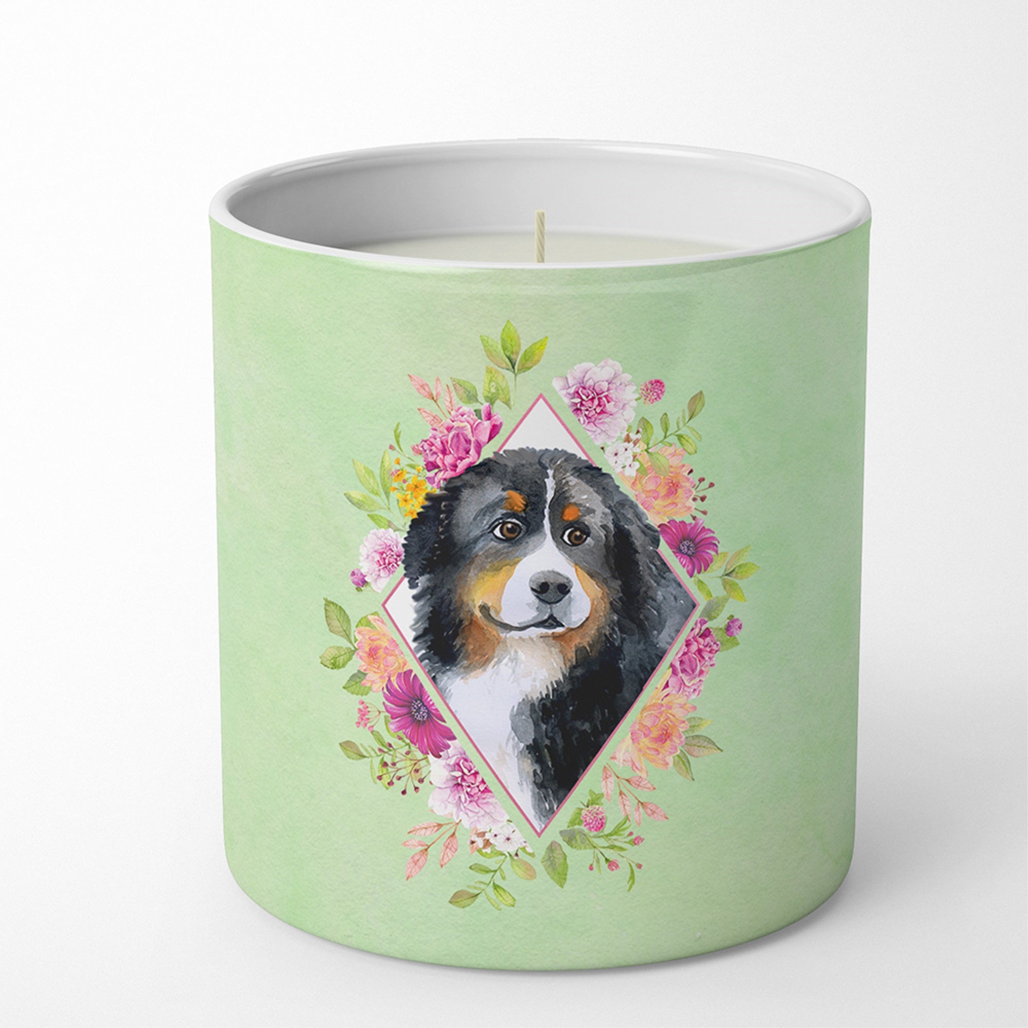 Bernese Mountain Dog Green Flowers 10 Oz Decorative Soy Candle