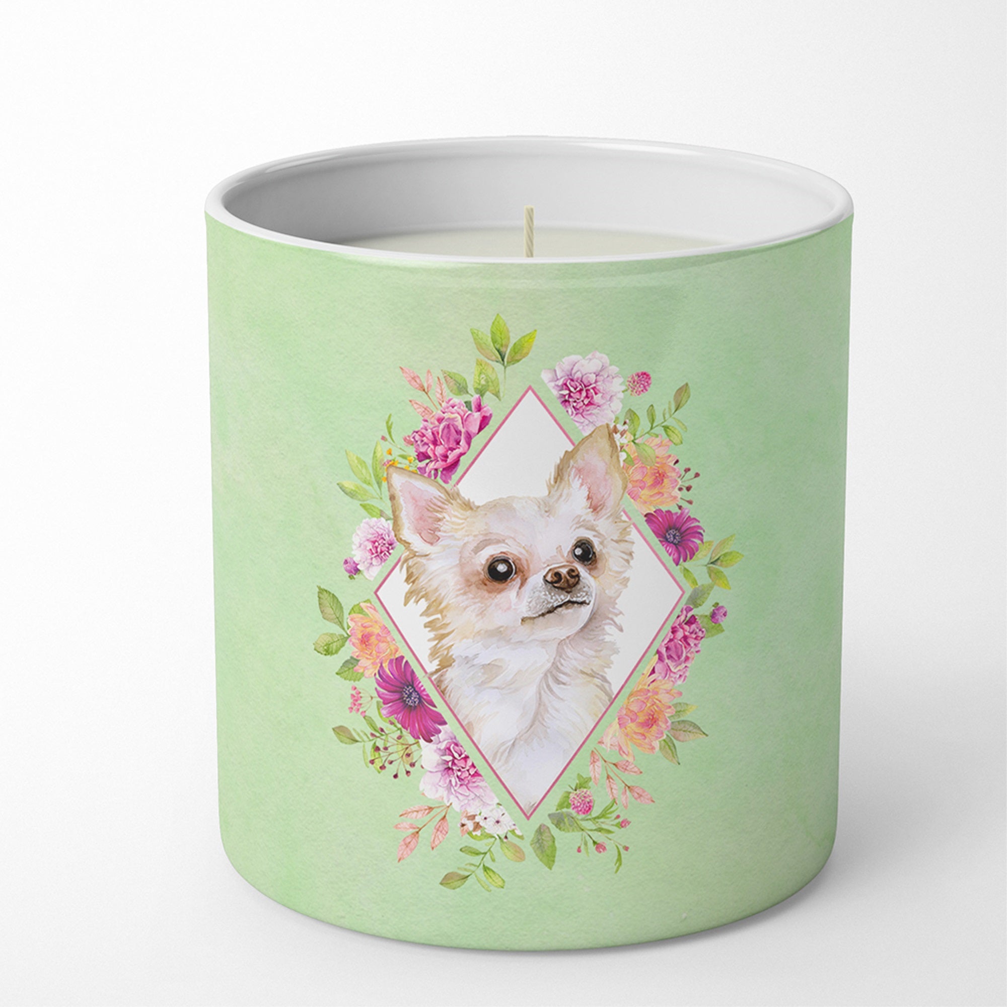 Long Hair Chihuahua Green Flowers 10 Oz Decorative Soy Candle