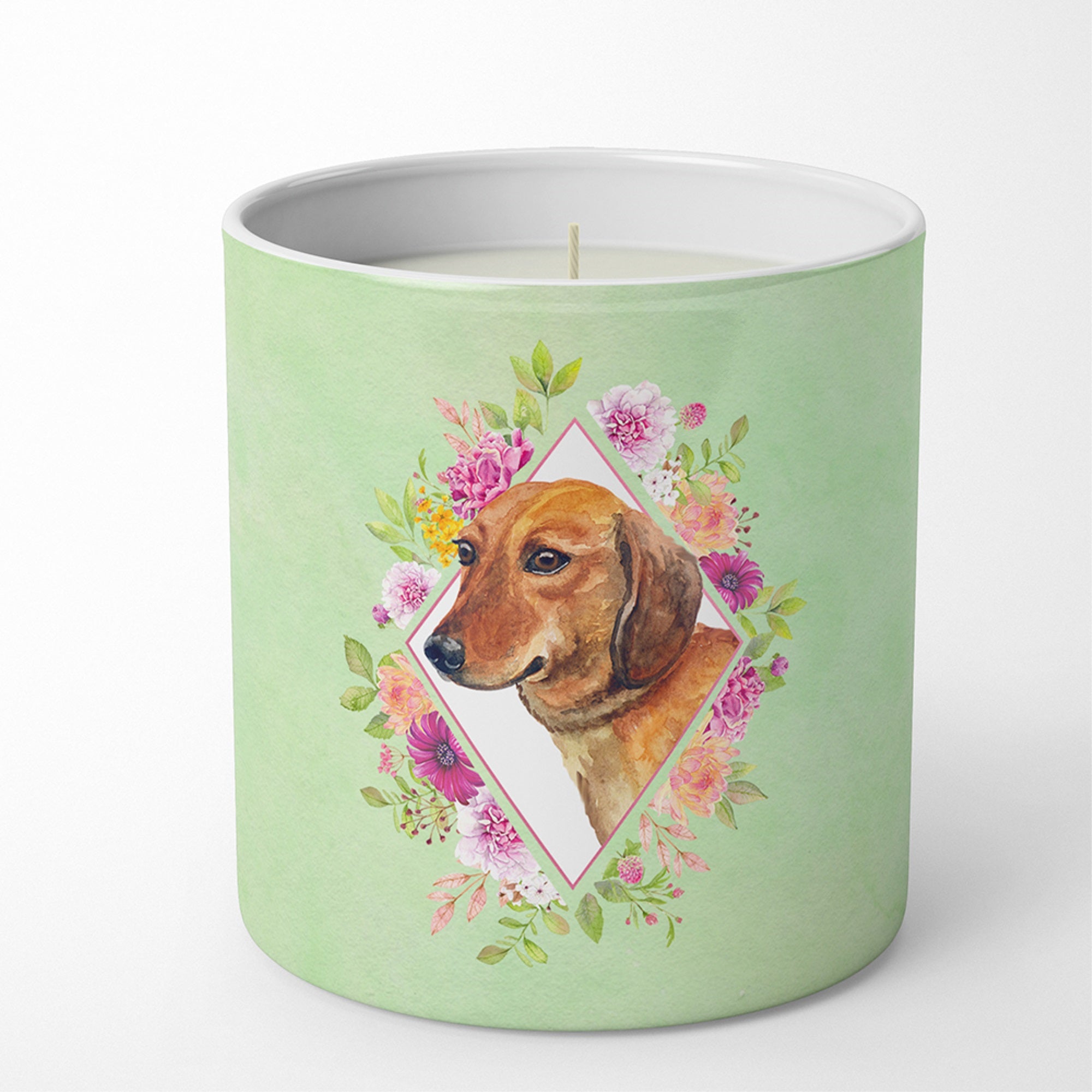 Dachshund Red #1 Green Flowers 10 Oz Decorative Soy Candle