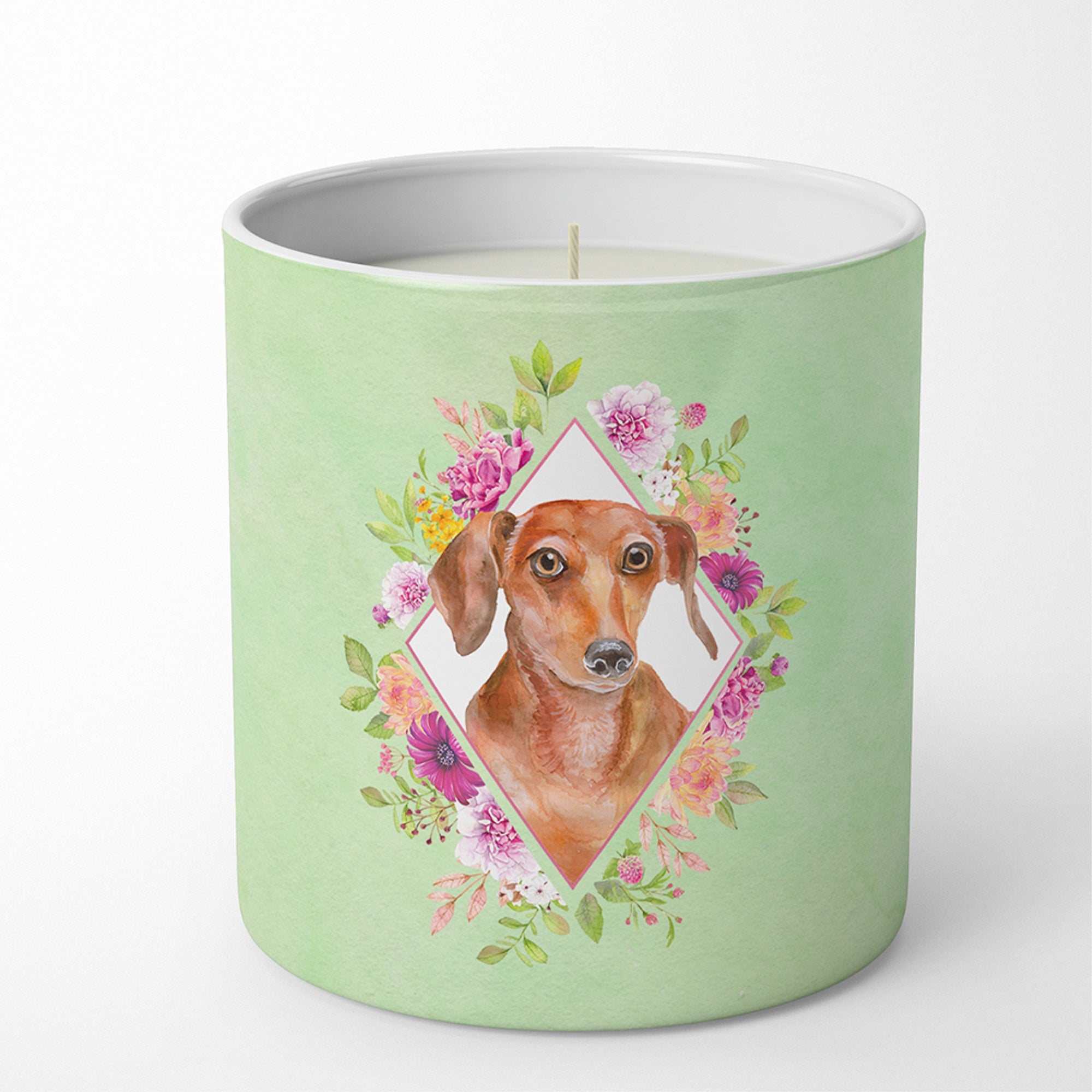 Dachshund Red #2 Green Flowers 10 Oz Decorative Soy Candle