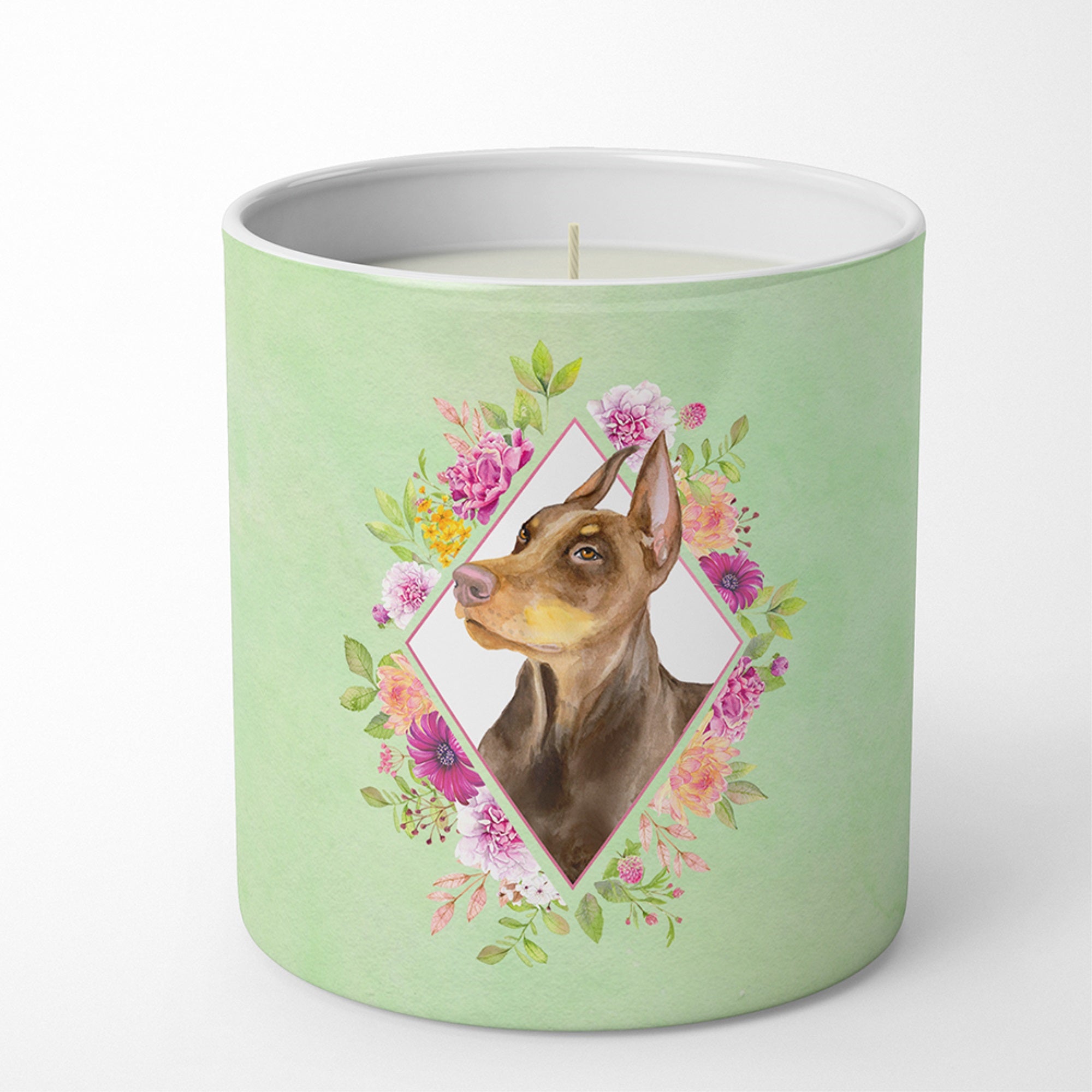 Doberman Pinscher Green Flowers 10 Oz Decorative Soy Candle