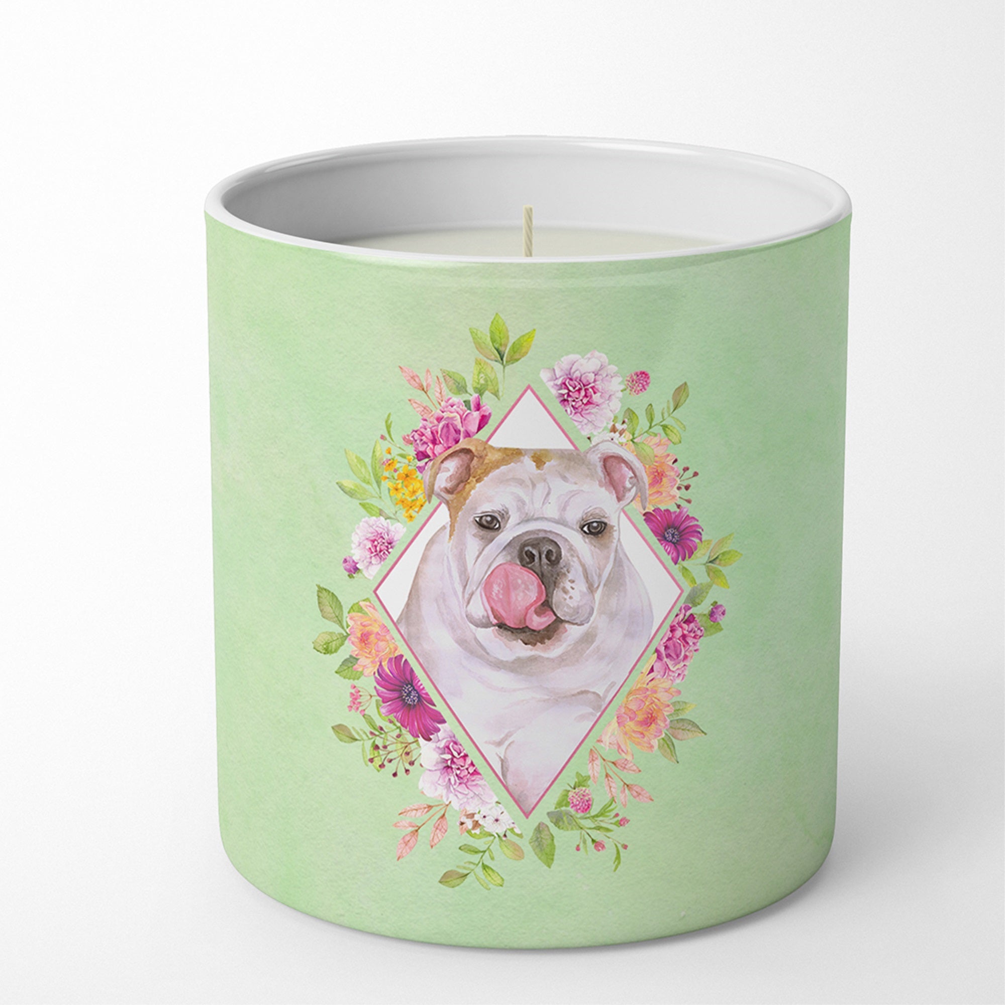 English Bulldog Green Flowers 10 Oz Decorative Soy Candle
