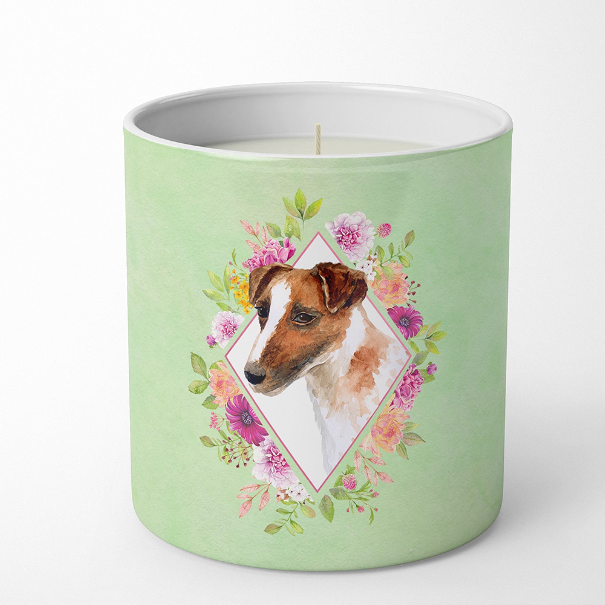 Jack Russell Terrier Green Flowers 10 Oz Decorative Soy Candle