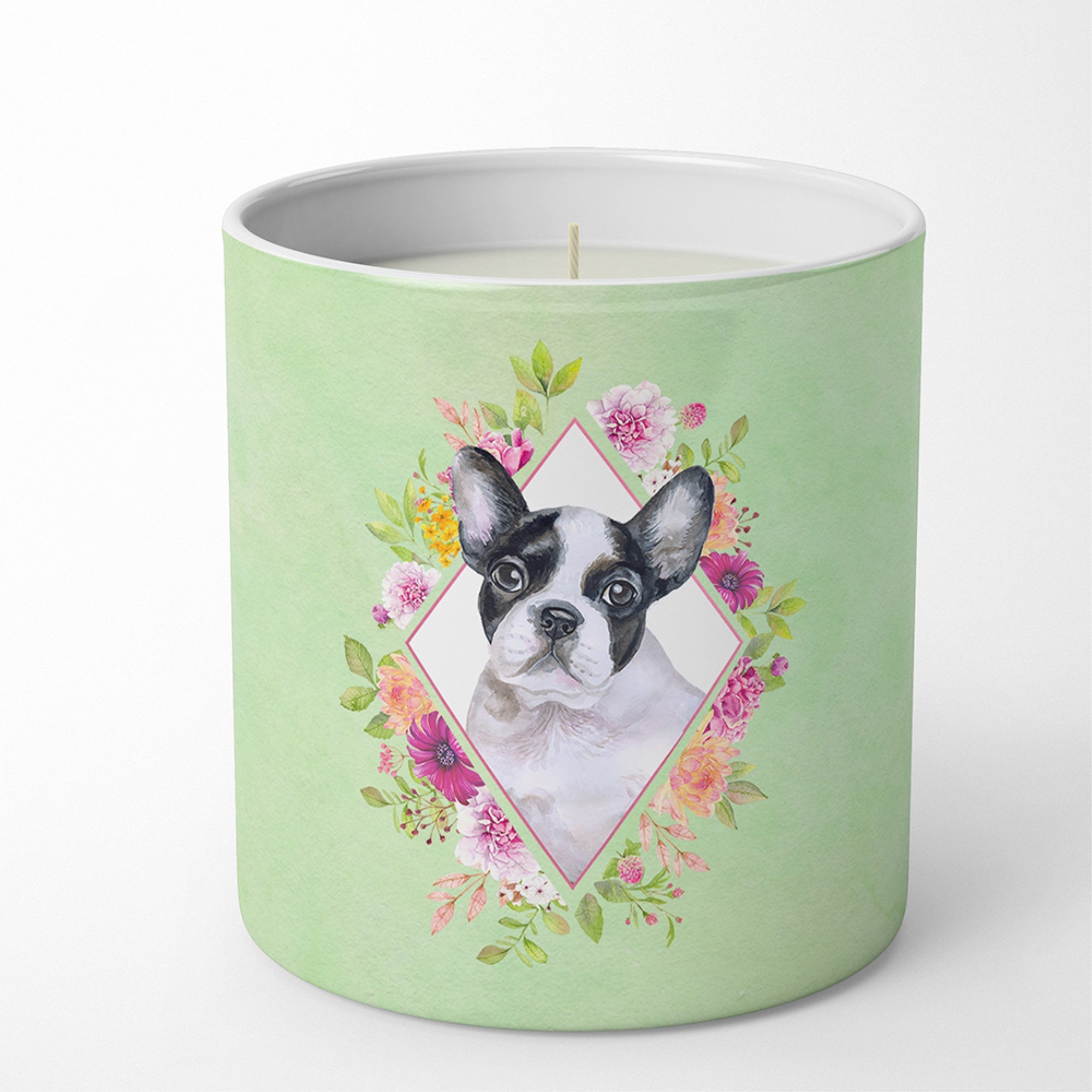 French Bulldog Green Flowers 10 Oz Decorative Soy Candle