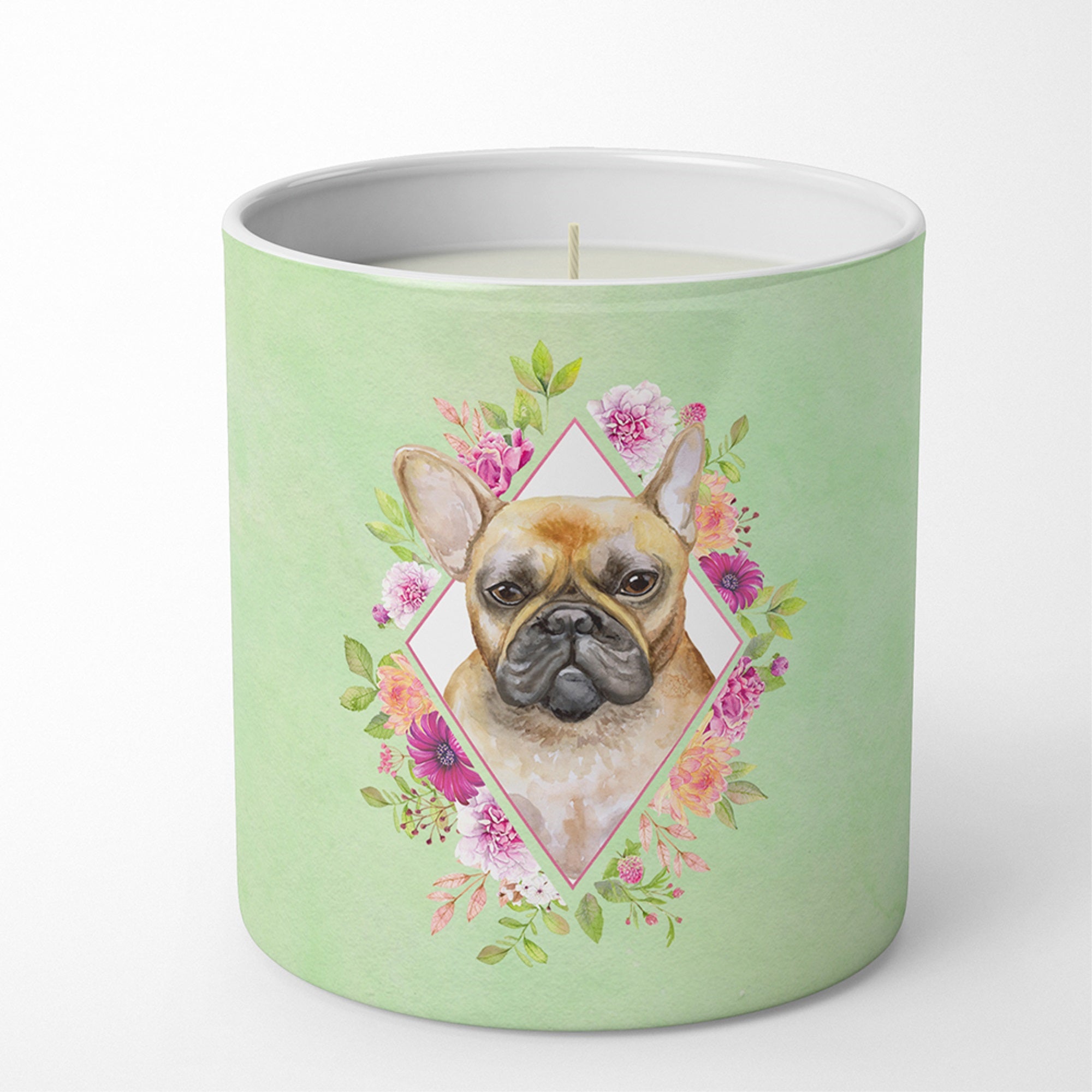 Fawn French Bulldog Green Flowers 10 Oz Decorative Soy Candle