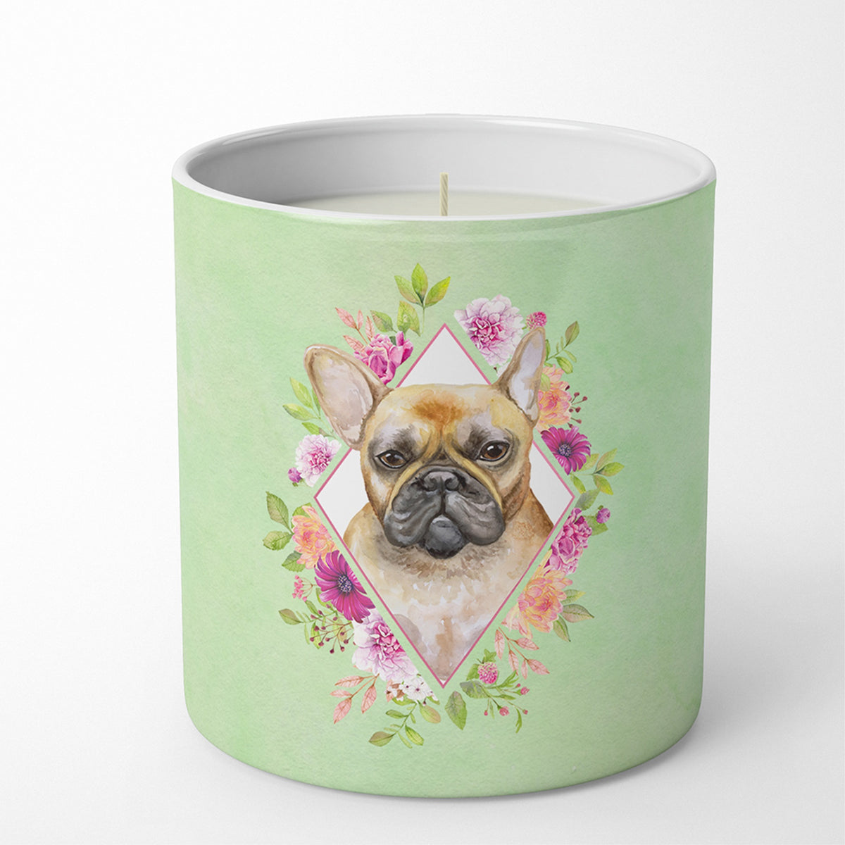 Fawn French Bulldog Green Flowers 10 Oz Decorative Soy Candle